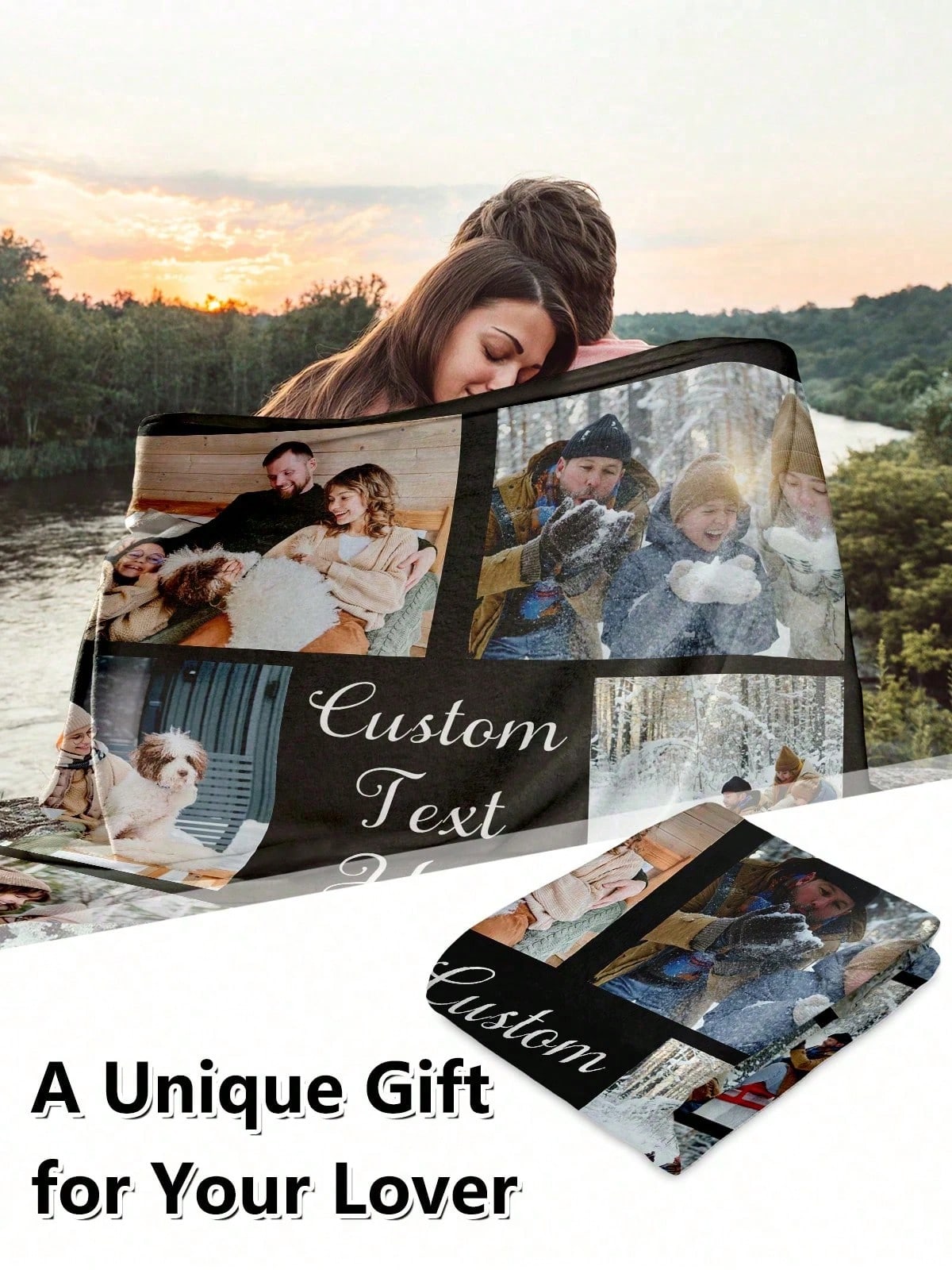 Custom Photo And Text Couple Collage Flannel Throw Blanket-Birthday Anniversary Wedding Holiday Gift