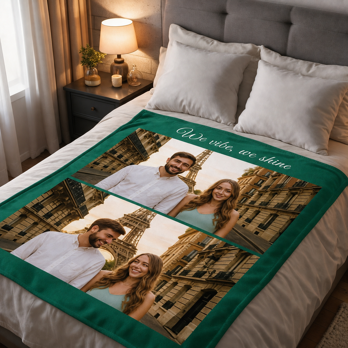 Custom 2-Picture Couple Photo Blanket, Personalized Throw Blanket Printed with "We vibe, we shine"