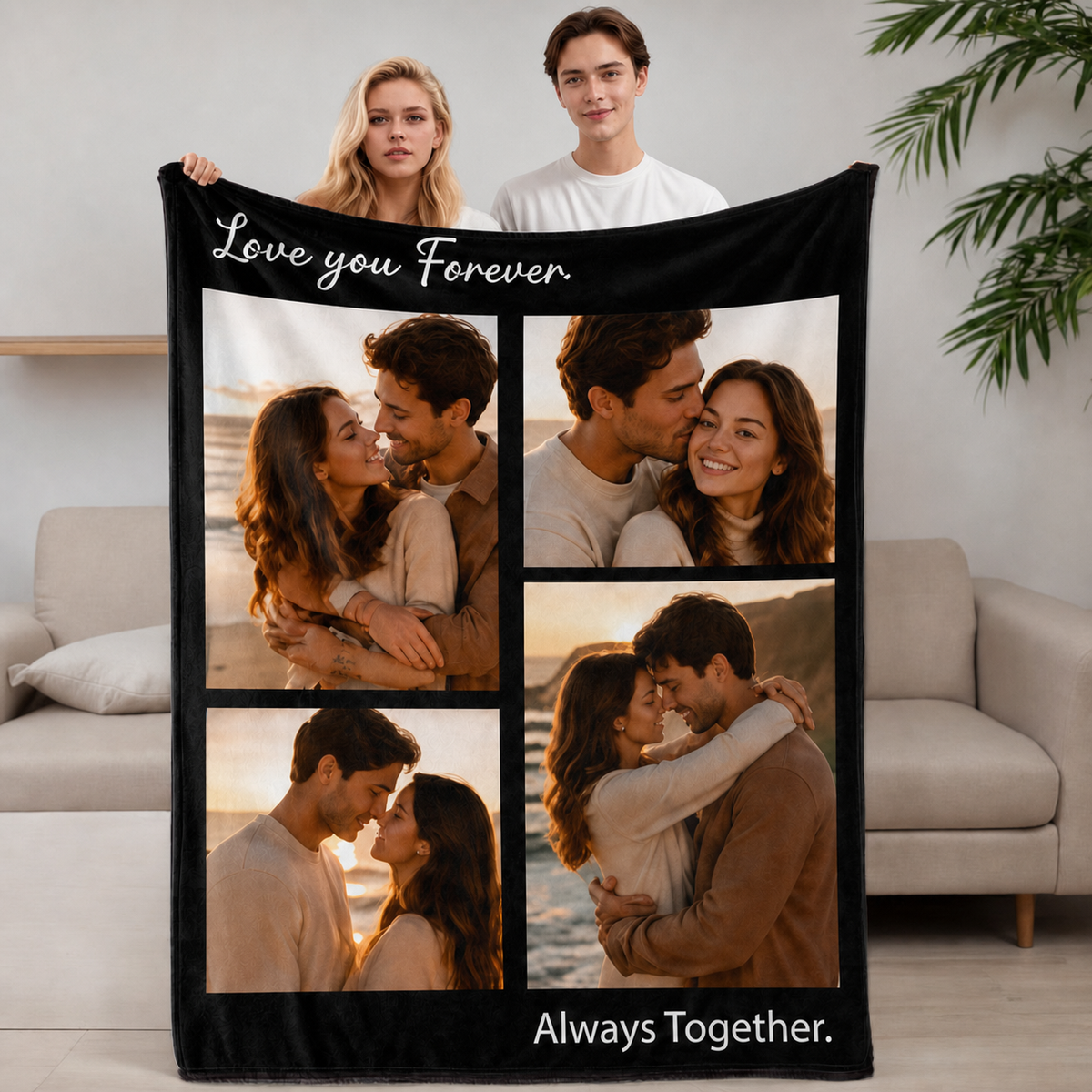 Custom 4-Picture Couple Photo Blanket, Personalized Collage Throw Blanket with Custom Text for Him and Her