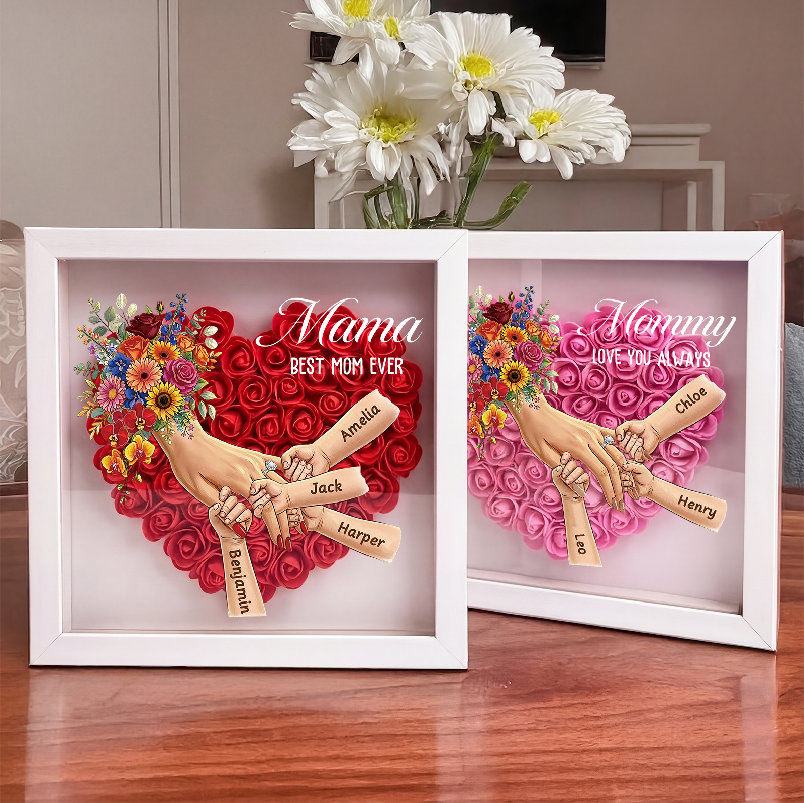 Mommy Holding Hands LED Shadow Box With Ring & Manicure – Custom Kids Names Floral Heart Frame Light Gift for Mom & Grandma | Mother’s Day Gift