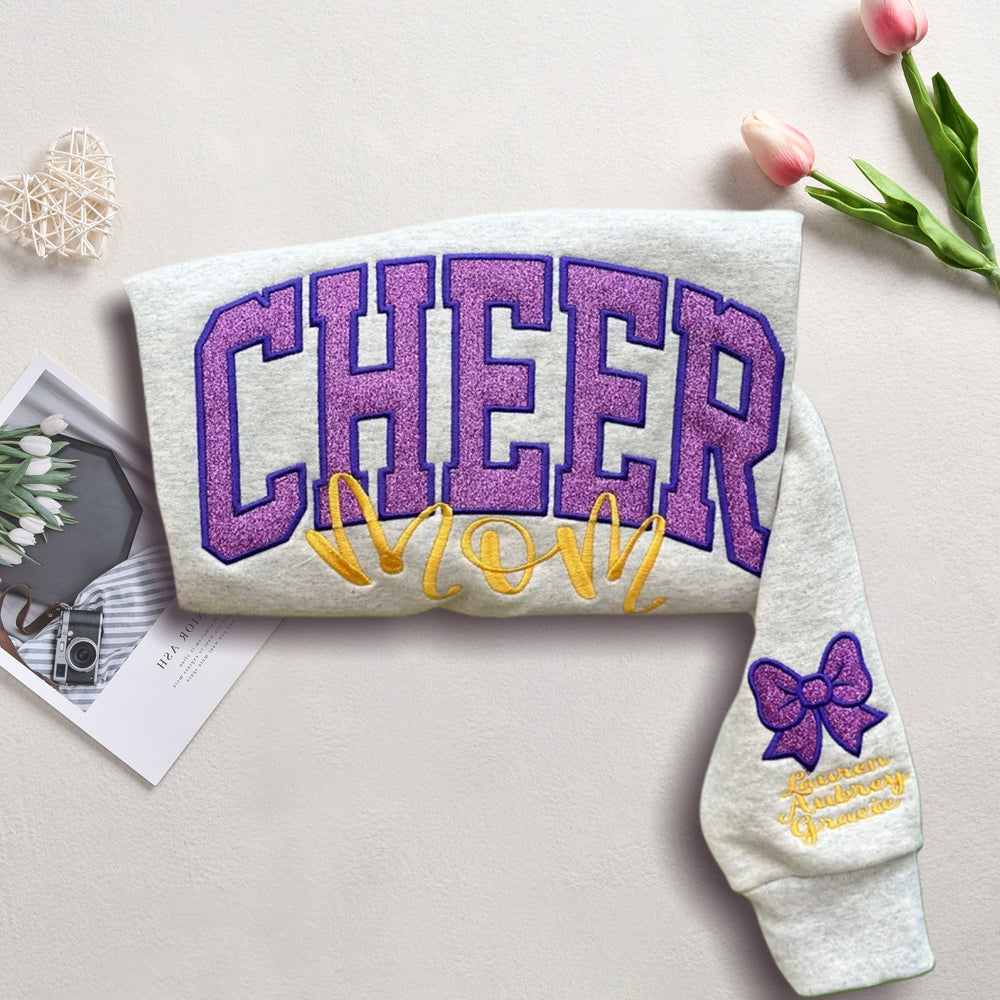 Embroidered Glitter Cheer Mom Sweatshirt With Kids Names On The Sleeve