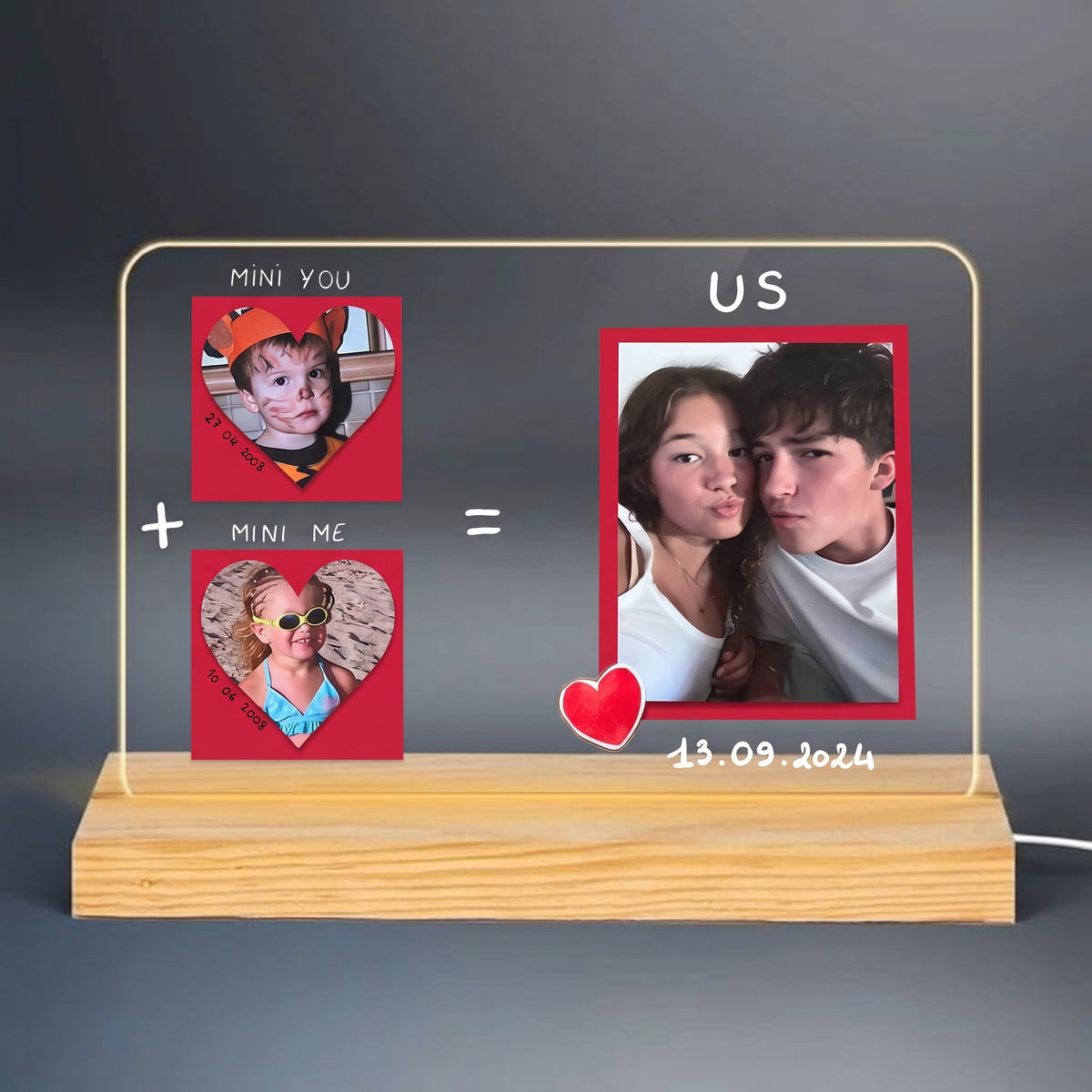 Personalized Mini You Mini Me Us Acrylic LED Night Light — Couple Childhood Photos & Current Portrait Gift