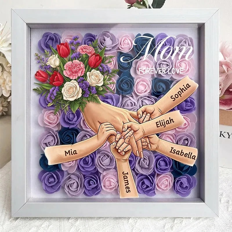 Tulips, White Roses & Carnations Personalized Mom Holding Hands Shadow Box – Custom Name Remembrance Frame, Mother’s Day In Loving Memory Gift