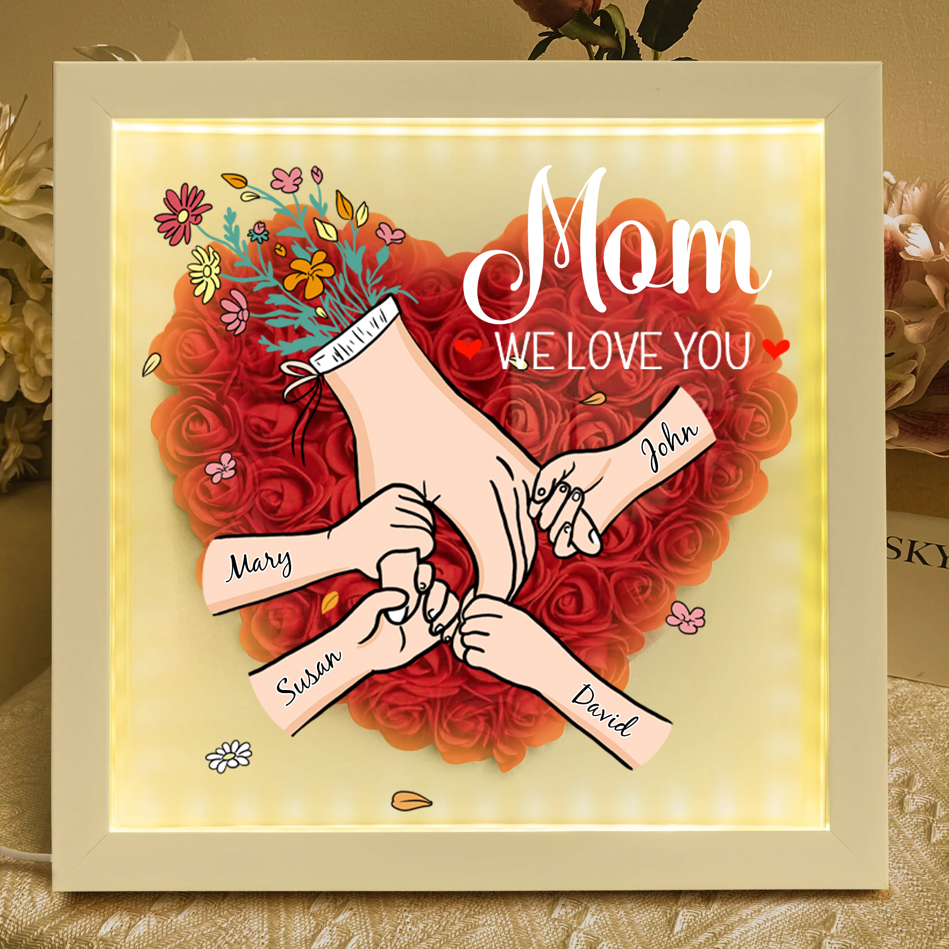 We Love You Mommy Hand Holding - Personalized Flower Shadow Box