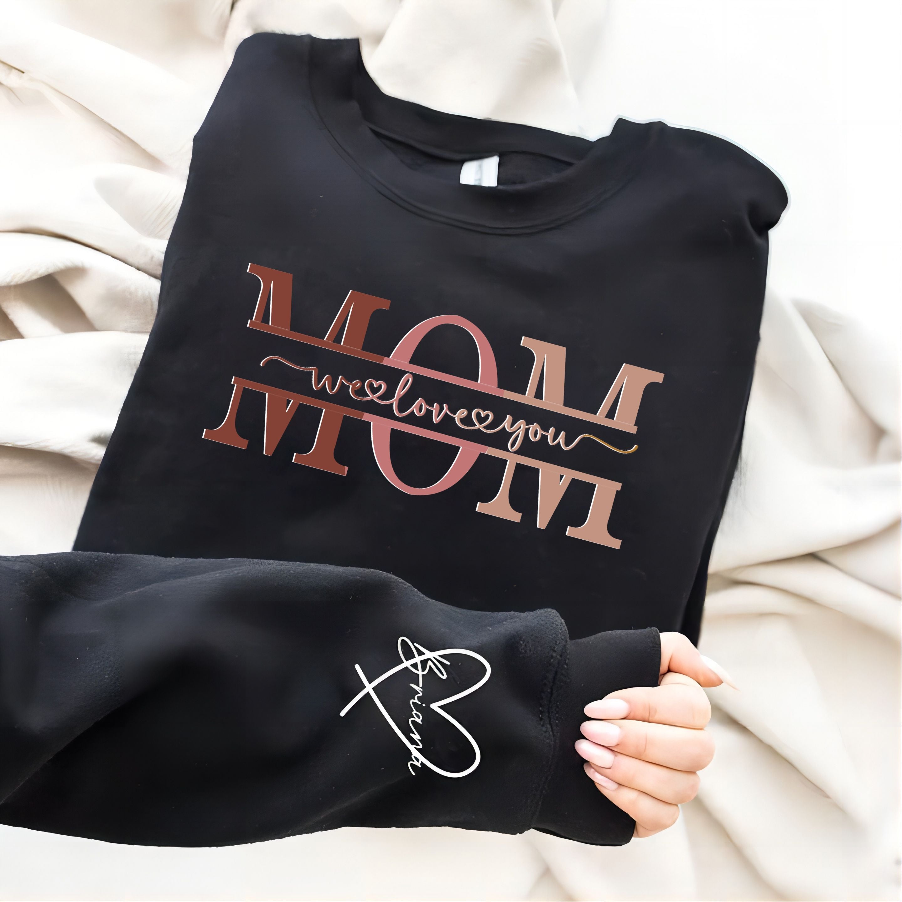 Personalized Wear Heart On Sleeve Mama we love you Sweatshirt with Kid Names on Sleeves-Mother's Day Sale