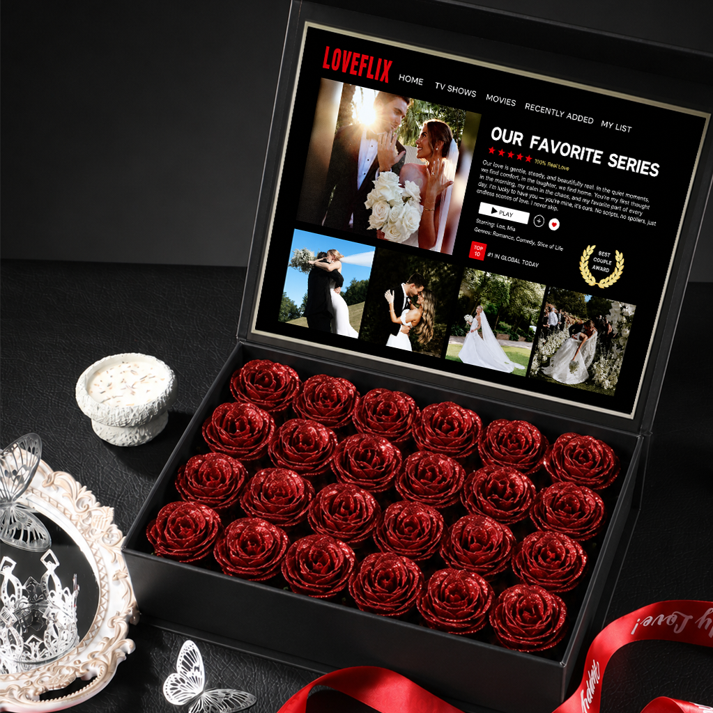 Custom LOVEFLIX Keepsake Box With Glitter Roses – Personalized Loveflix‑Style Couple Gifts