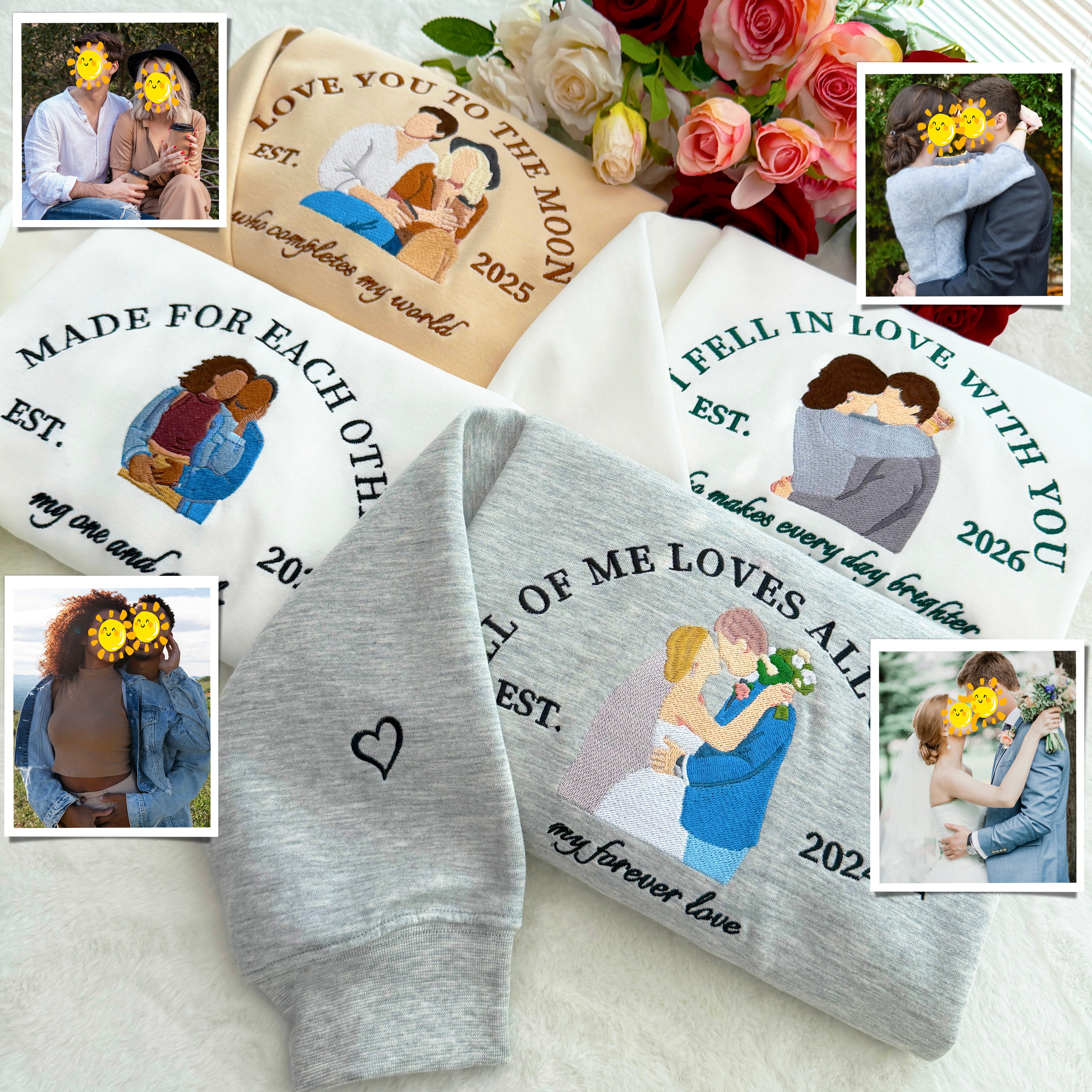 Custom Embroidered Couple Hoodie, Personalized Portrait With Your Text & Date