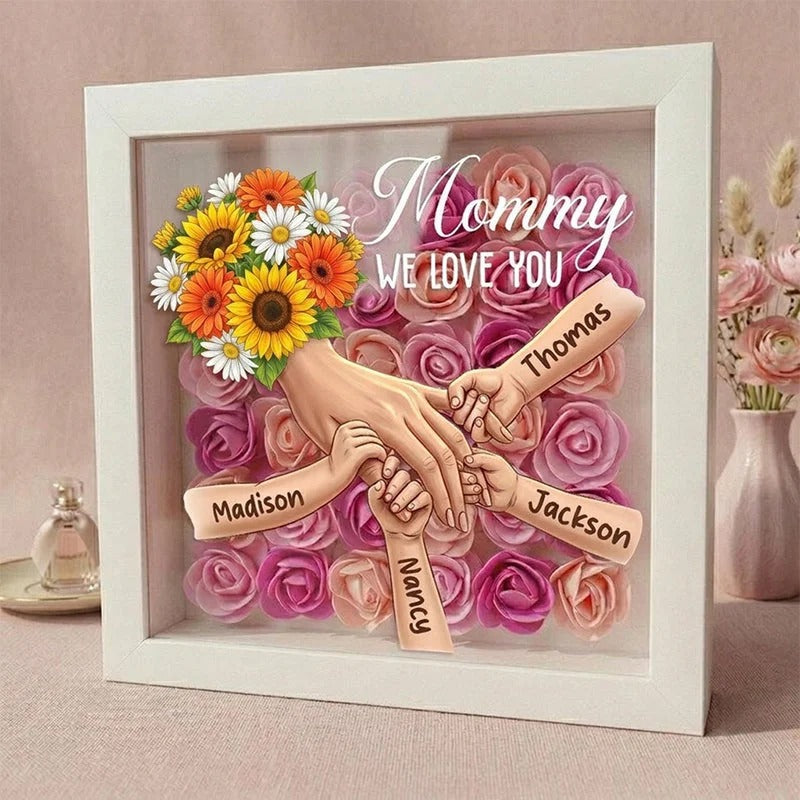 Sunflower Personalized Mom Holding Hands Memorial Shadow Box – Custom Name Remembrance Frame, Mother’s Day In Loving Memory Gift