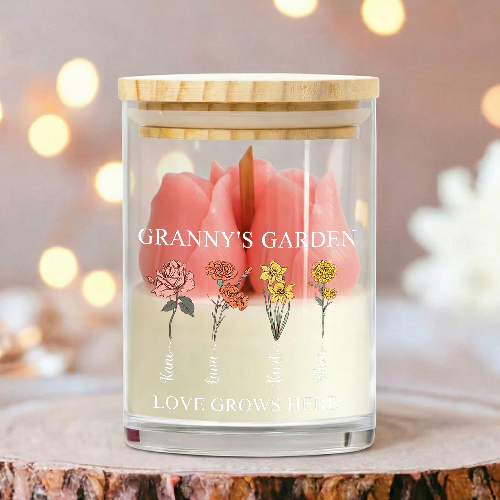 Personalized Birth Flower Soy Wax Candle – Custom Kids’ Names Gift for Mom, Mother’s Day Special