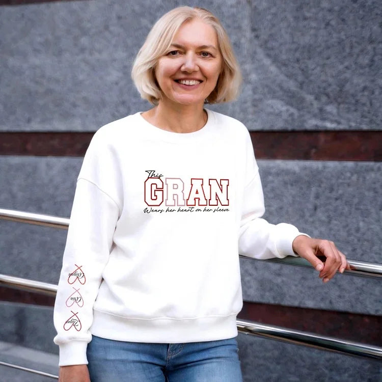 GETFAMILYGIFTS™Custom Embroidered Mum Wears Her Heart On Her Sleeve Sweatshirt | Mother’s Day Gift