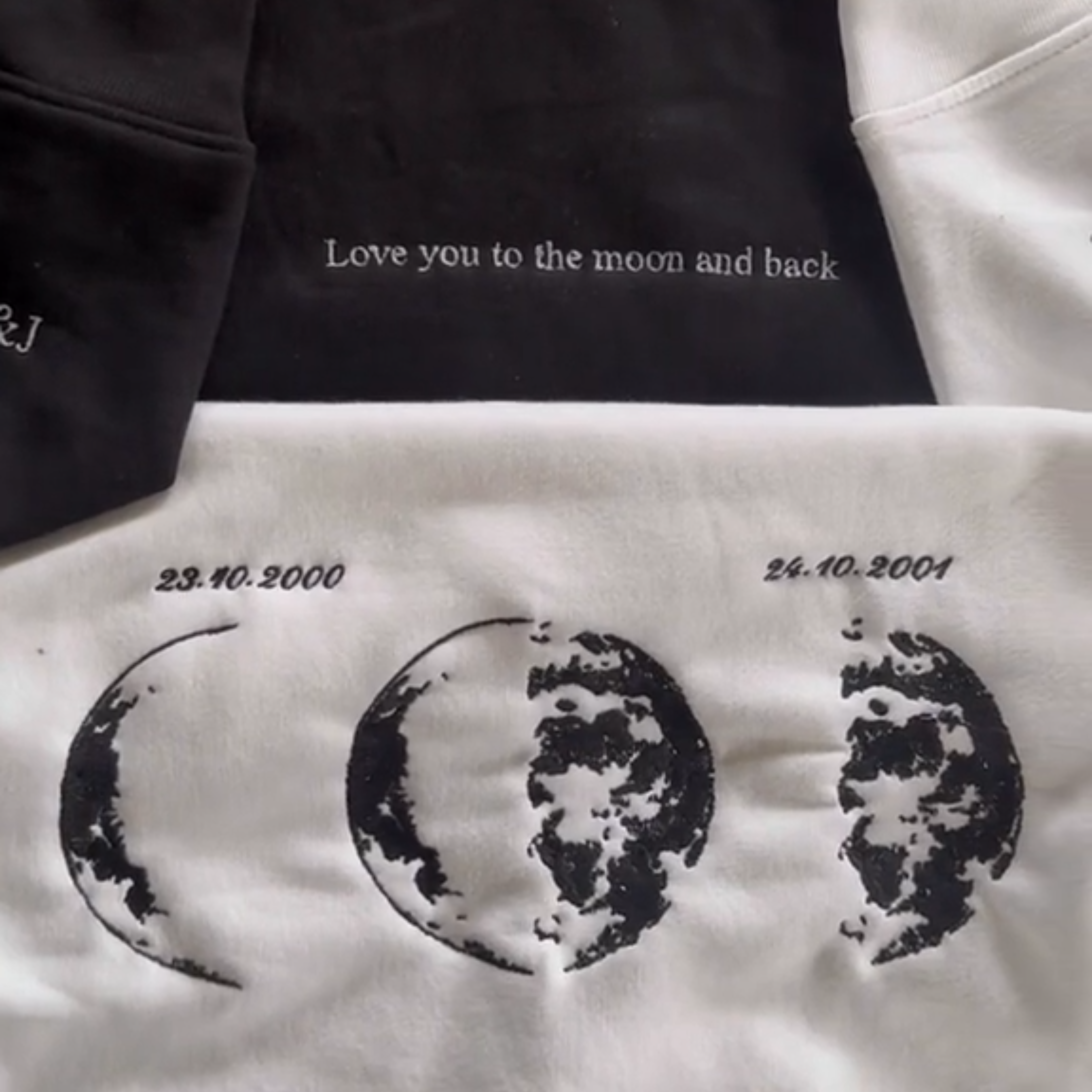 Custom Embroidered Couple Hoodie With Moon & Silhouette Design