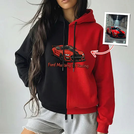 Custom Two Tone Embroidered Hoodie with Motorcycle or Car Photo Personalized Ride Gift