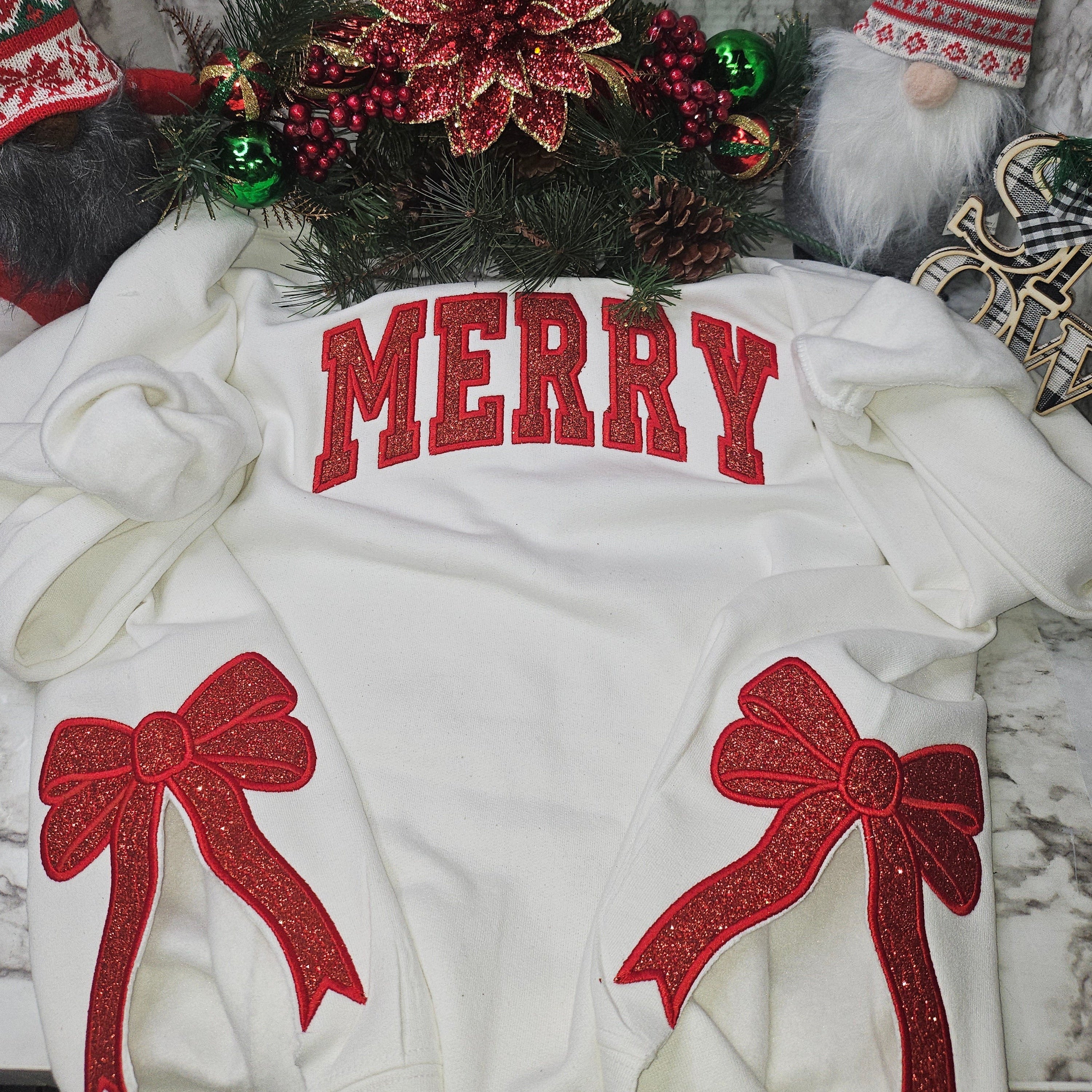 Christmas Applique Bow Shirt, Cute Christmas Shirt, Coquette Bow, Embroidered Side Slit Bow Shirt