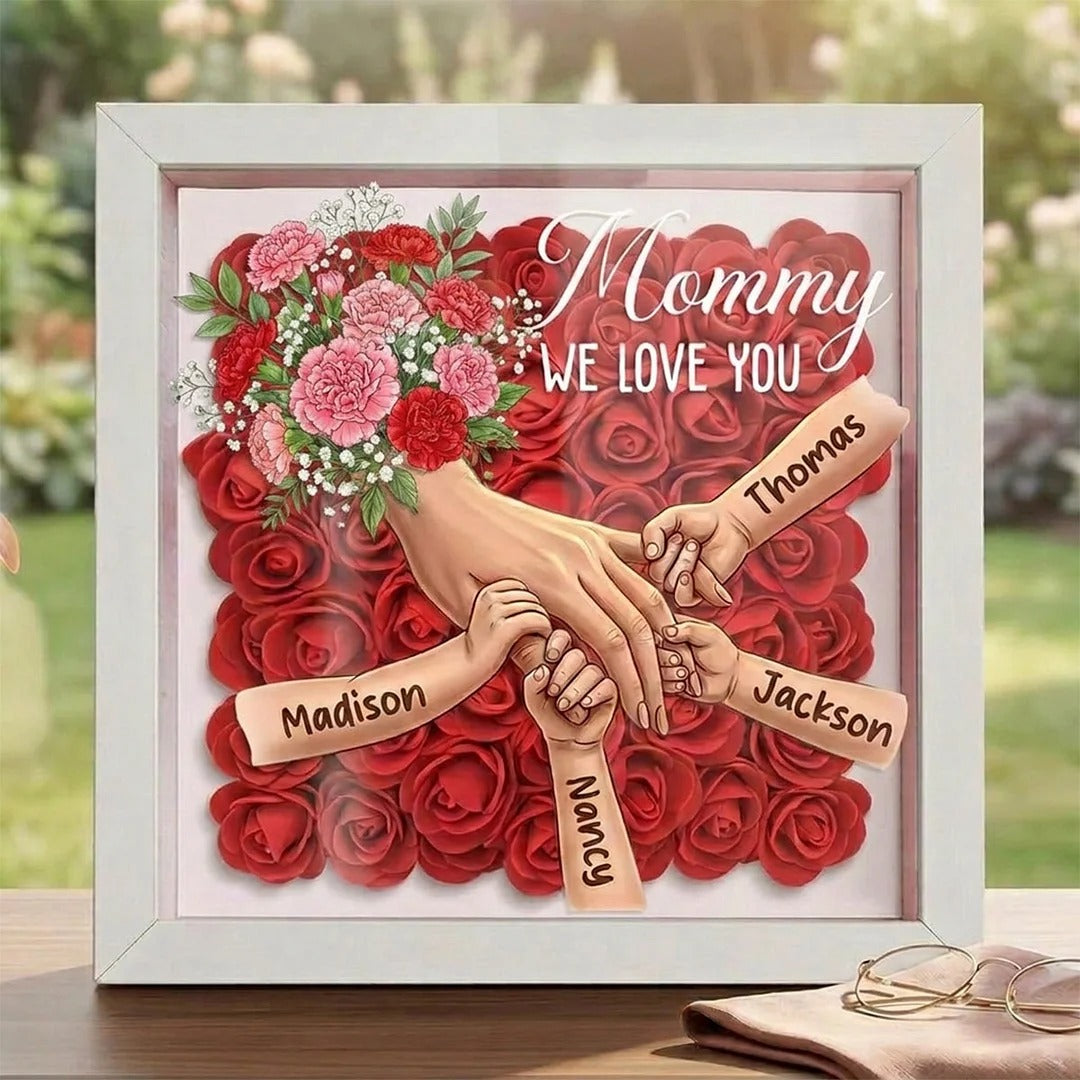 Carnation Personalized Mom Holding Hands Memorial Shadow Box – Custom Name Remembrance Frame, Mother’s Day In Loving Memory Gift