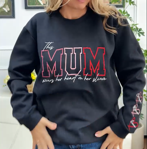 GETFAMILYGIFTS™Custom Embroidered Mum Wears Her Heart On Her Sleeve Sweatshirt | Mother’s Day Gift