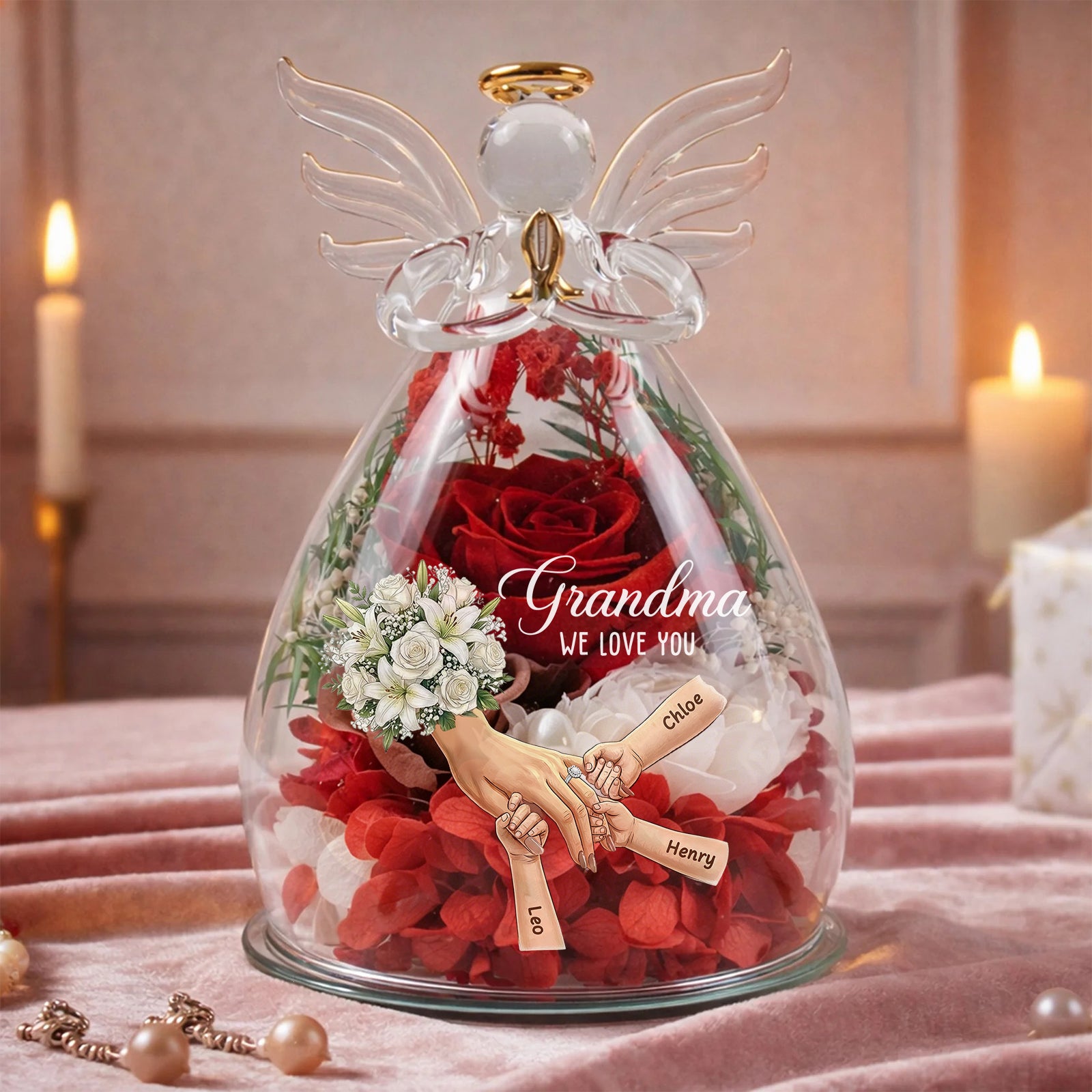 Mommy Holding Hands Personalized Flower In Angel Figurines with Ring & Manicure-Mother's Day Gift
