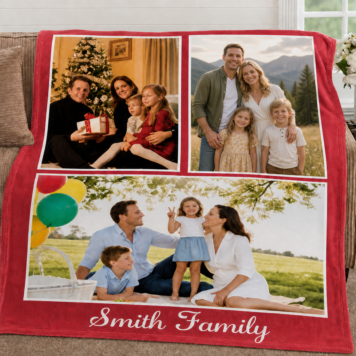 Custom 3-Picture Family Photo Blanket, Personalized Throw Blanket Printed with Custom Family Name for Home Gifts