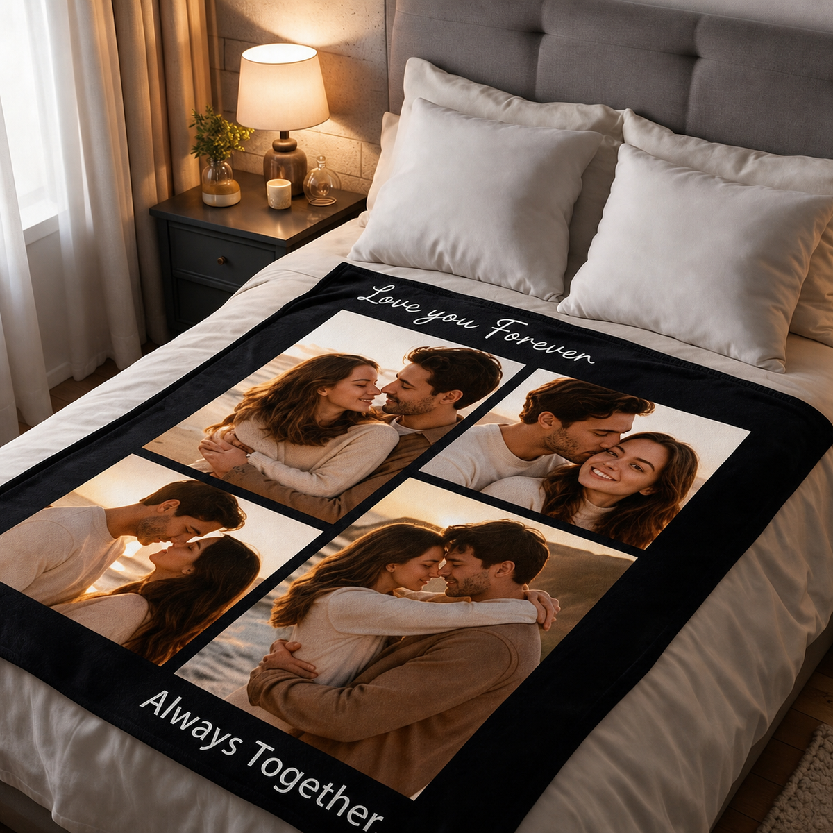 Custom 4-Picture Couple Photo Blanket, Personalized Collage Throw Blanket with Custom Text for Him and Her