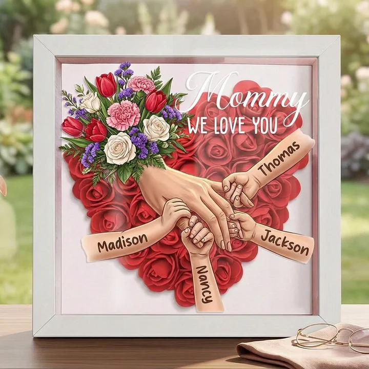 Tulips, White Roses & Carnations Personalized Mom Holding Hands Shadow Box – Custom Name Remembrance Frame, Mother’s Day In Loving Memory Gift
