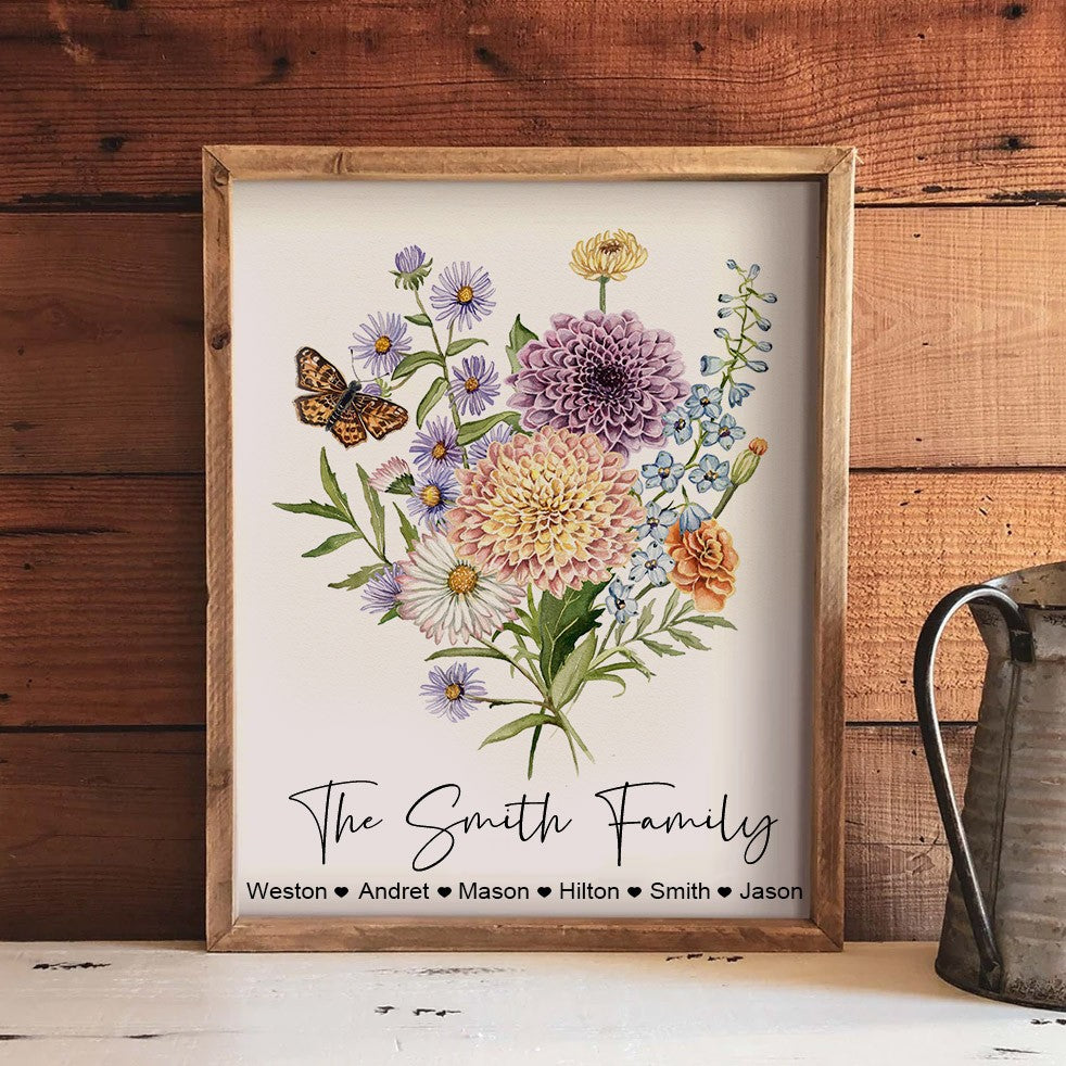 Mimi's Garden Birth Month Flowers Bouquet Custom Art Print with Kids Names Gifts