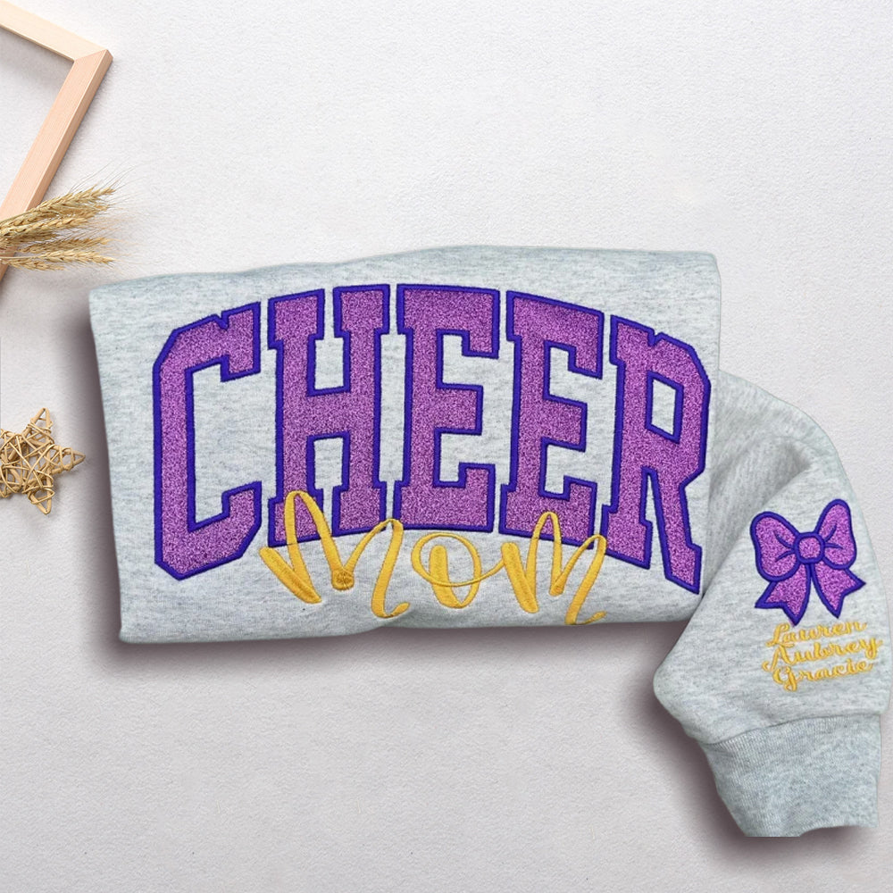 Embroidered Glitter Cheer Mom Sweatshirt With Kids Names On The Sleeve