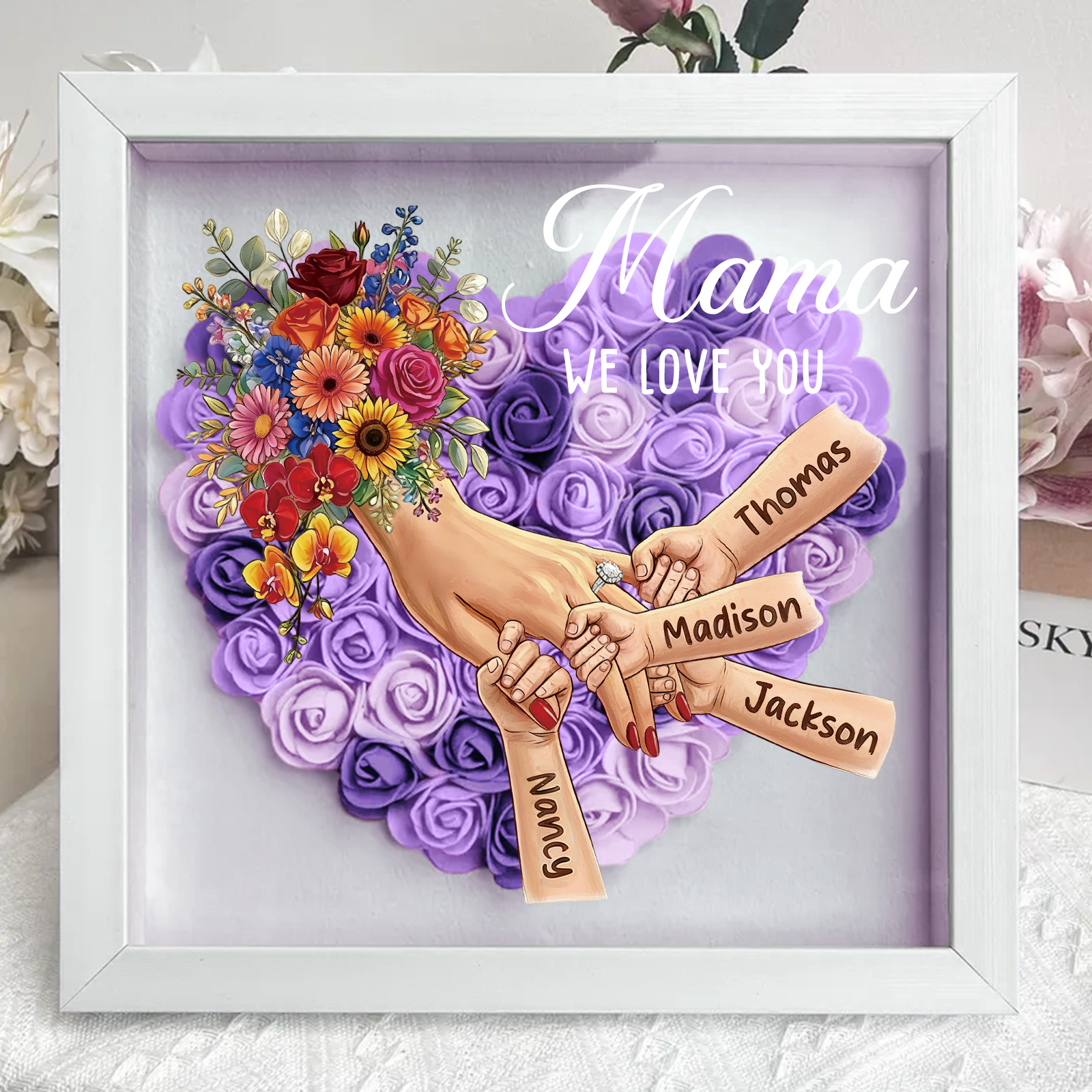 Personalized Mommy Holding Hands Shadow Box with Ring & Manicure – Custom Kids Names Floral Heart Frame, Premium Mother’s Day Gift