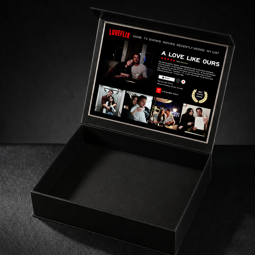 Custom LOVEFLIX Keepsake Box With Glitter Roses – Personalized Loveflix‑Style Couple Gifts