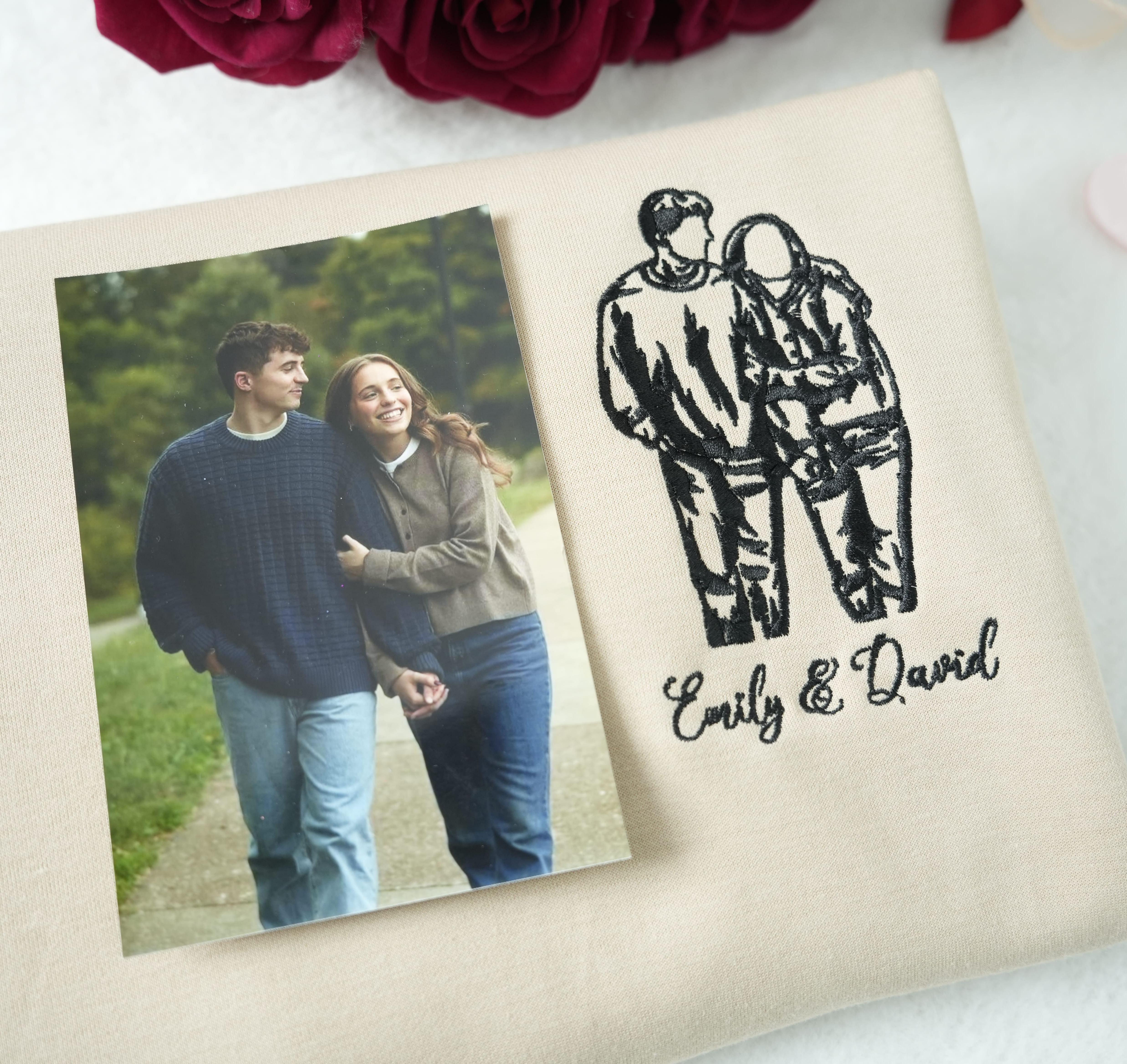 Personalized Couple Sketch Embroidered Sweatshirt – Custom Photo Line Art