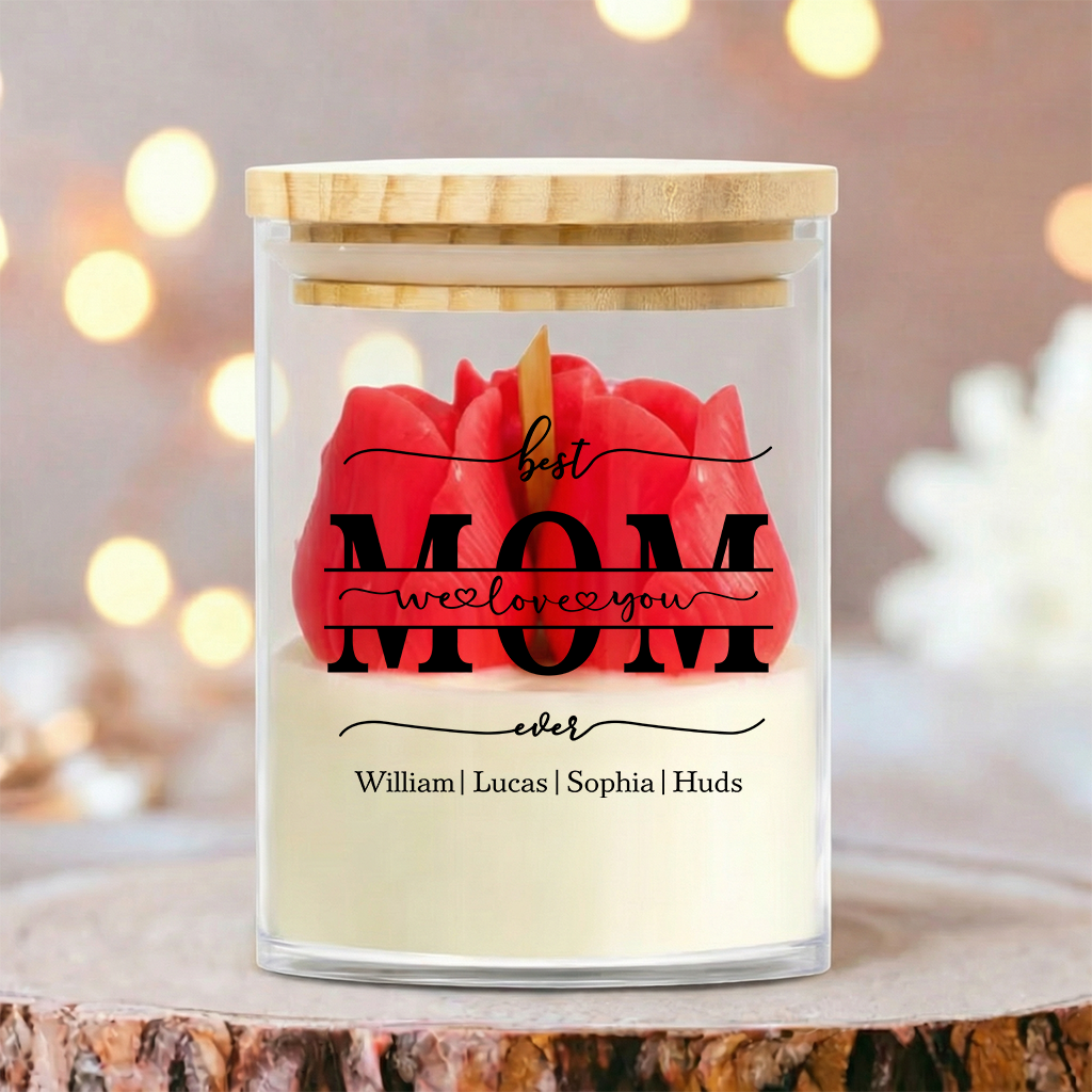 Personalized Soy Wax Candle – Custom Family Name Floral Gift for Mom, Mother’s Day Special
