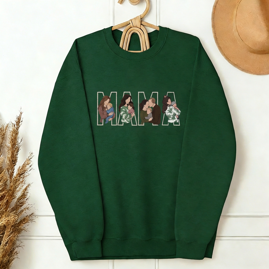 Custom Photo Portrait Embroidery Sweatshirt/Hoodie, Gift For Dad/Mama/Family