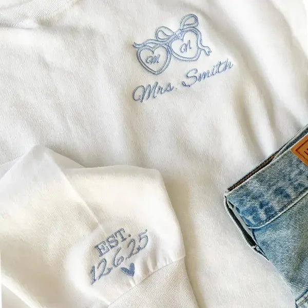 Personalized Bride Embroidered Sweatshirt for Future Mrs. with Custom Last Name & Wedding Date