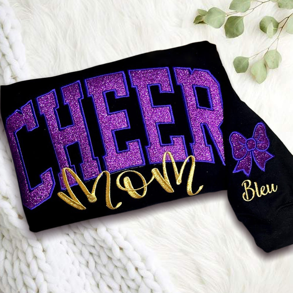 Embroidered Glitter Cheer Mom Sweatshirt With Kids Names On The Sleeve