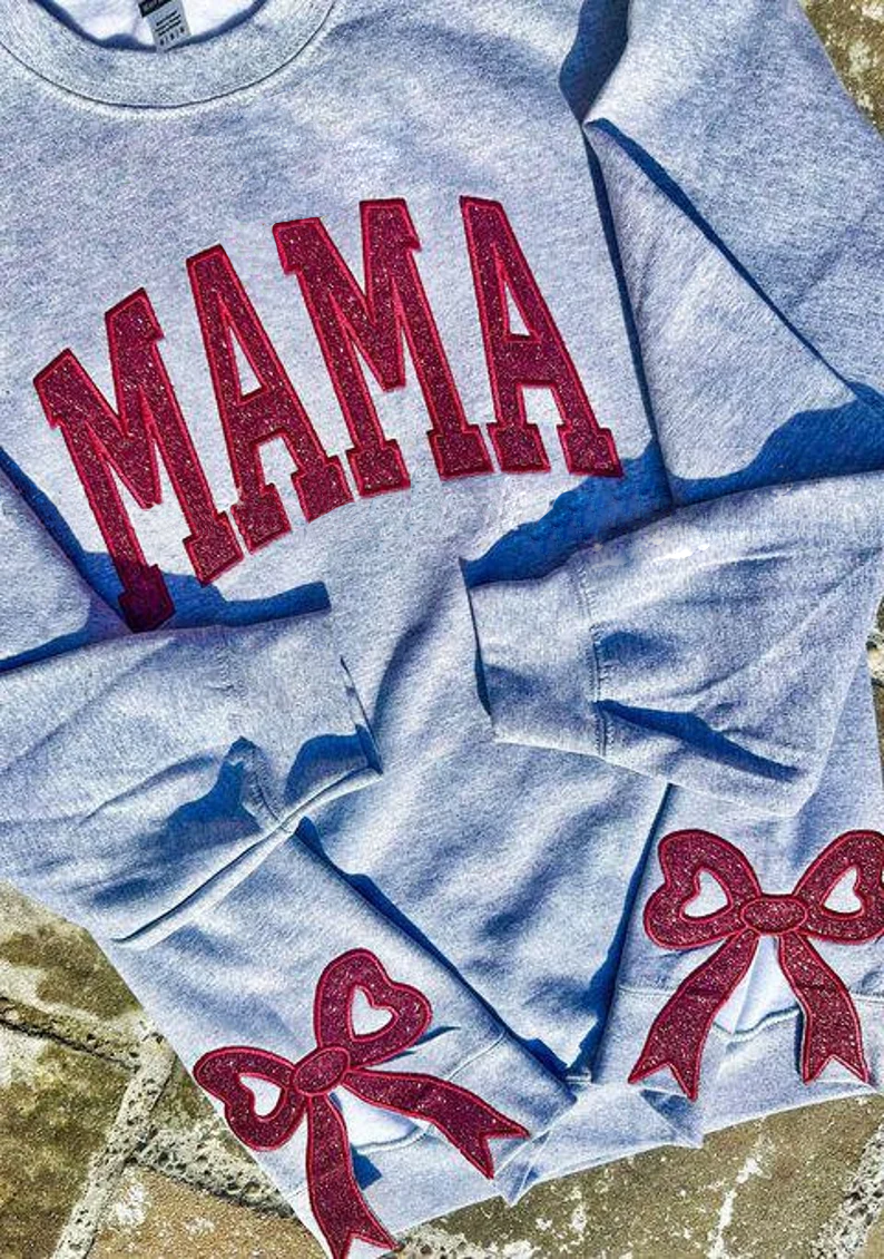 Custom Embroidery Glitter Side Bow Mama Sweatshirt
