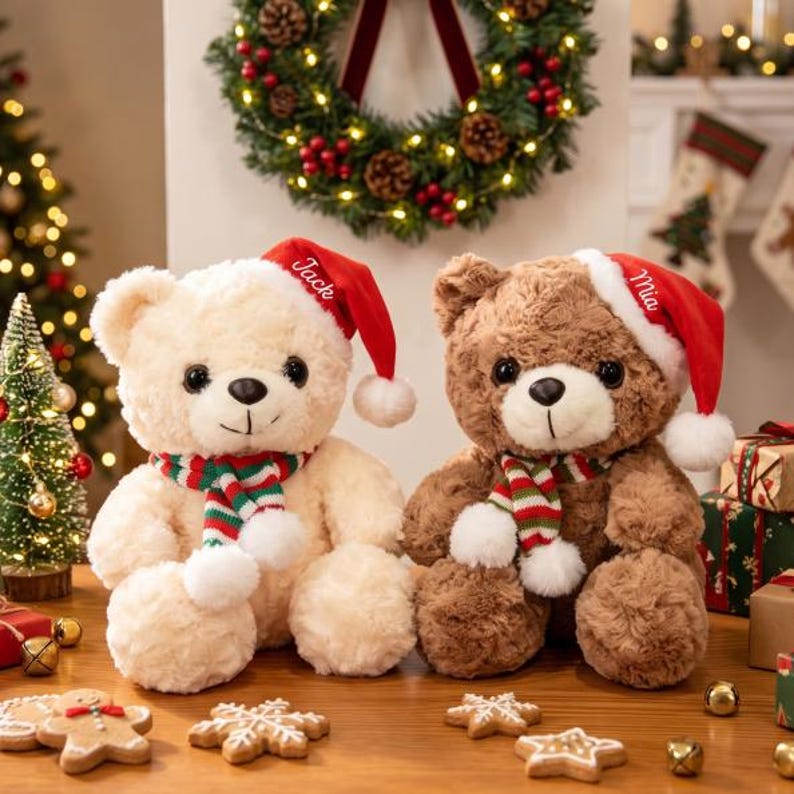 Personalized Christmas Teddy Bear Plush – Custom Name Gift for Couples & Loved Ones