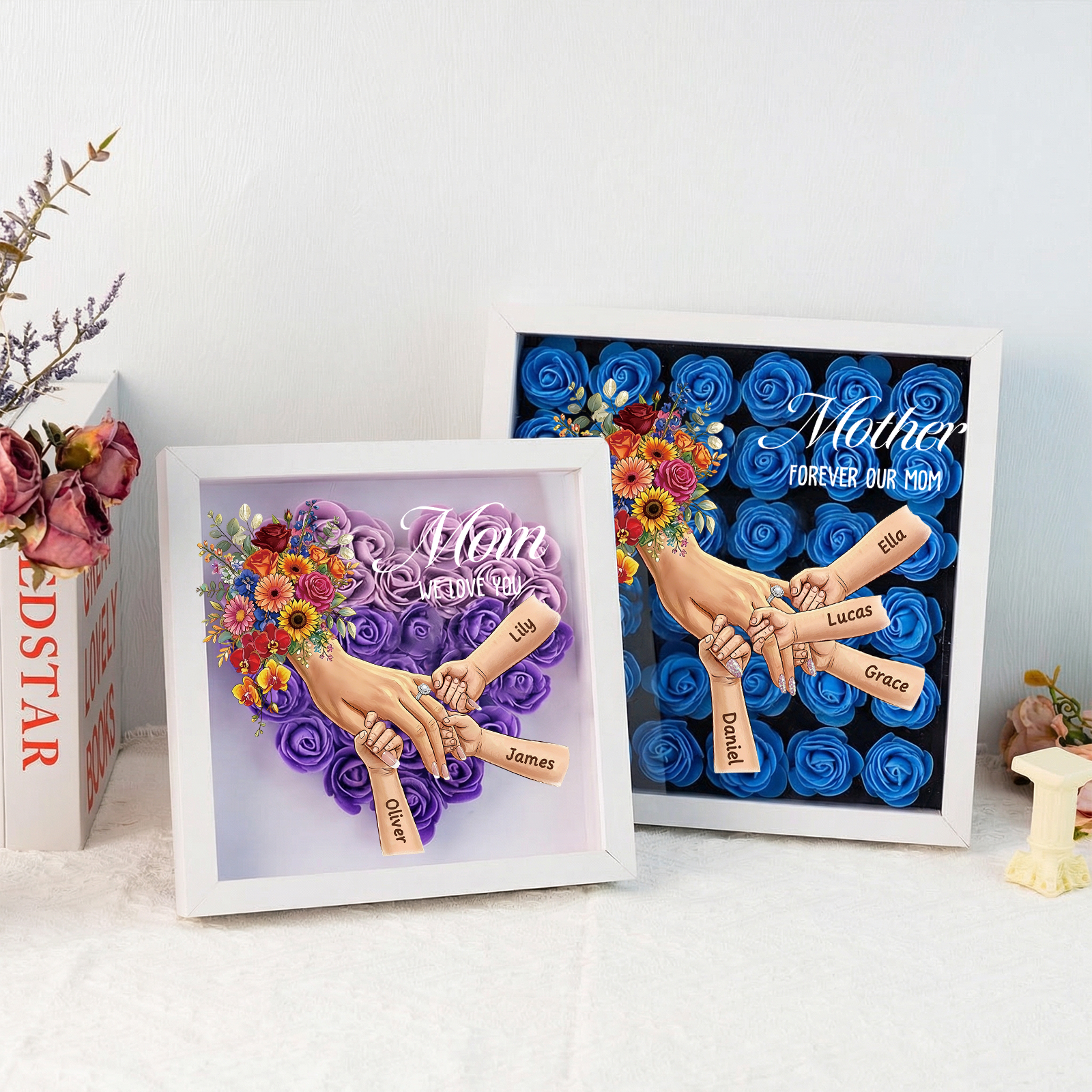 Mommy Holding Hands LED Shadow Box With Ring & Manicure – Custom Kids Names Floral Heart Frame Light Gift for Mom & Grandma | Mother’s Day Gift