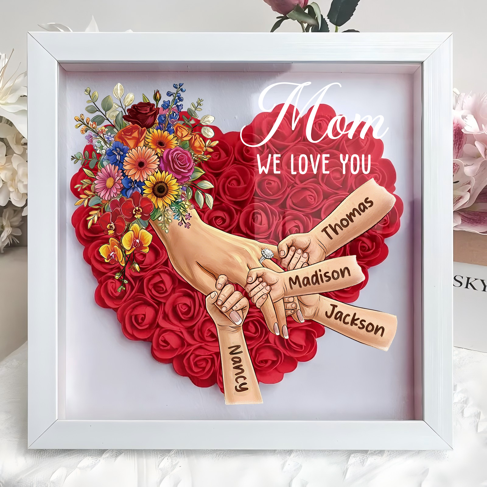 Personalized Mommy Holding Hands Shadow Box with Ring & Manicure – Custom Kids Names Floral Heart Frame, Premium Mother’s Day Gift