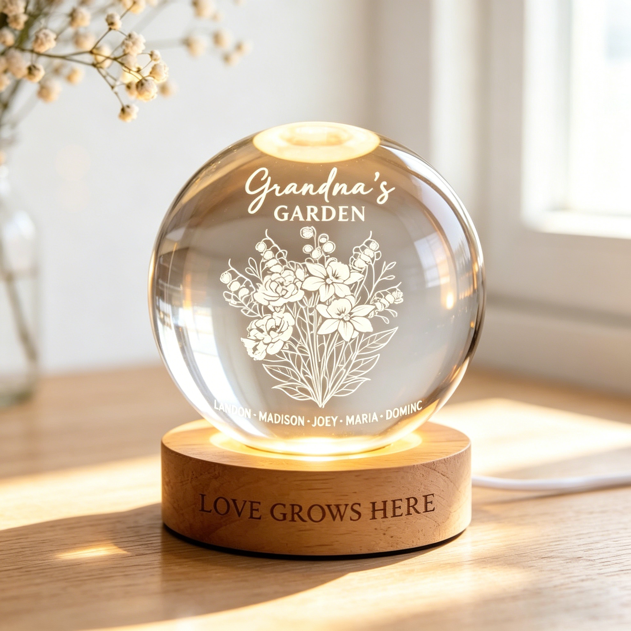 Personalized Birth Month Flower Crystal Ball Night Light Custom Name Quotes Mother's Day Gift for Mom Grandma