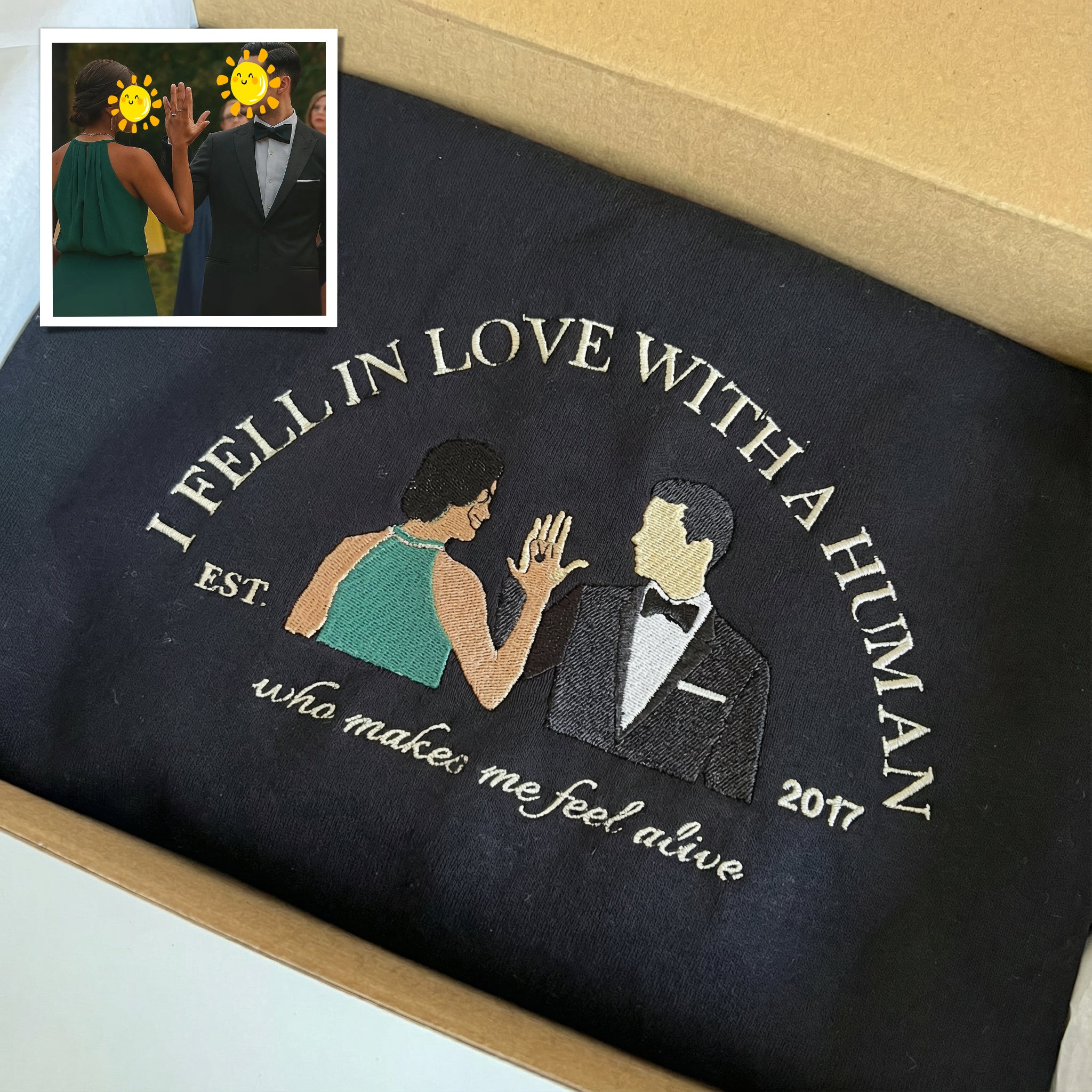 Custom Embroidered Couple Hoodie, Personalized Portrait With Your Text & Date