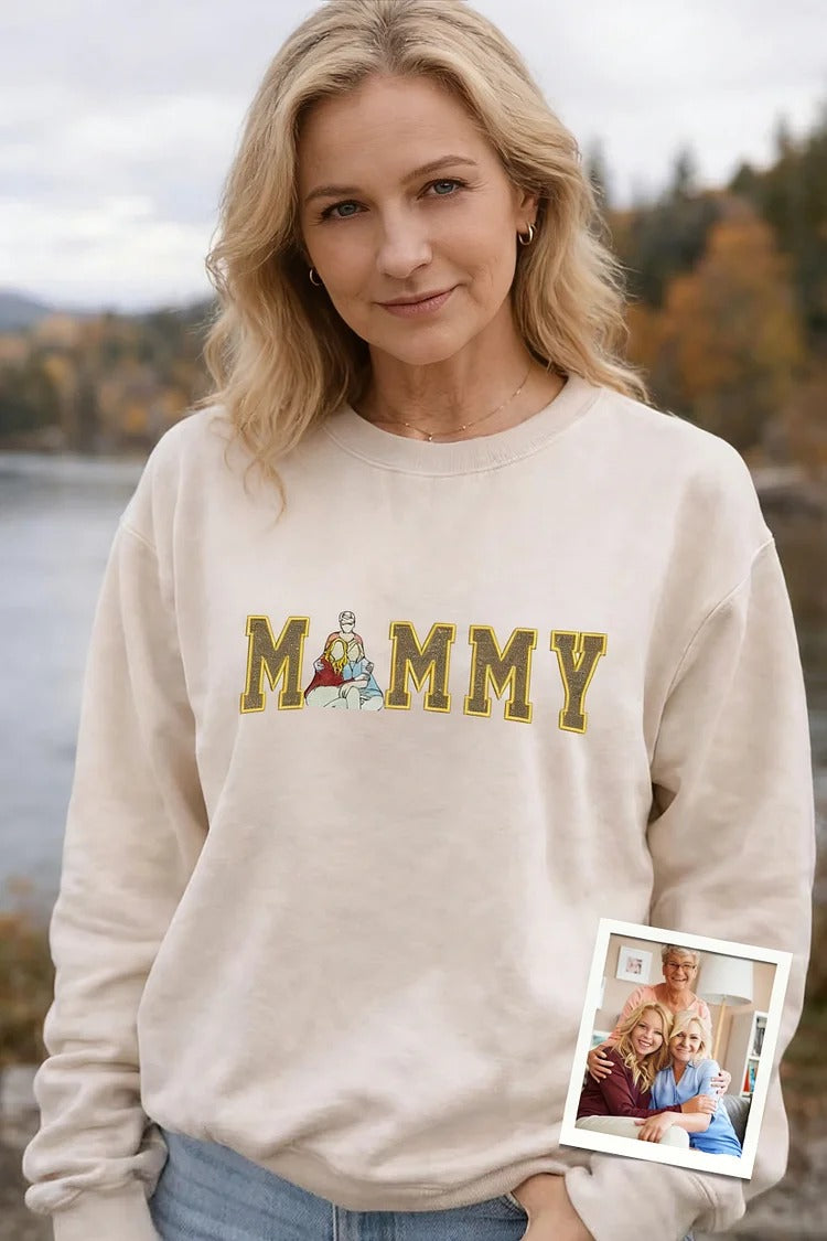 A Glittering Gift for Grandma, Personalized Portrait Sweatshirt with Embroidered Family Photo & Sparkle