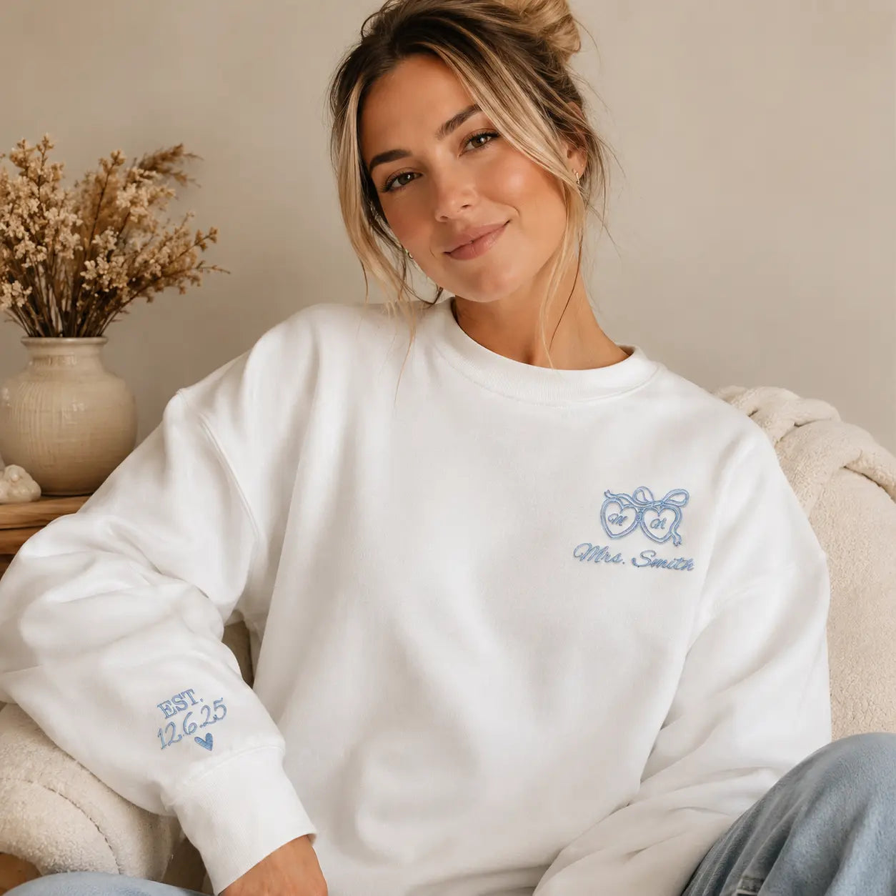 Personalized Bride Embroidered Sweatshirt for Future Mrs. with Custom Last Name & Wedding Date
