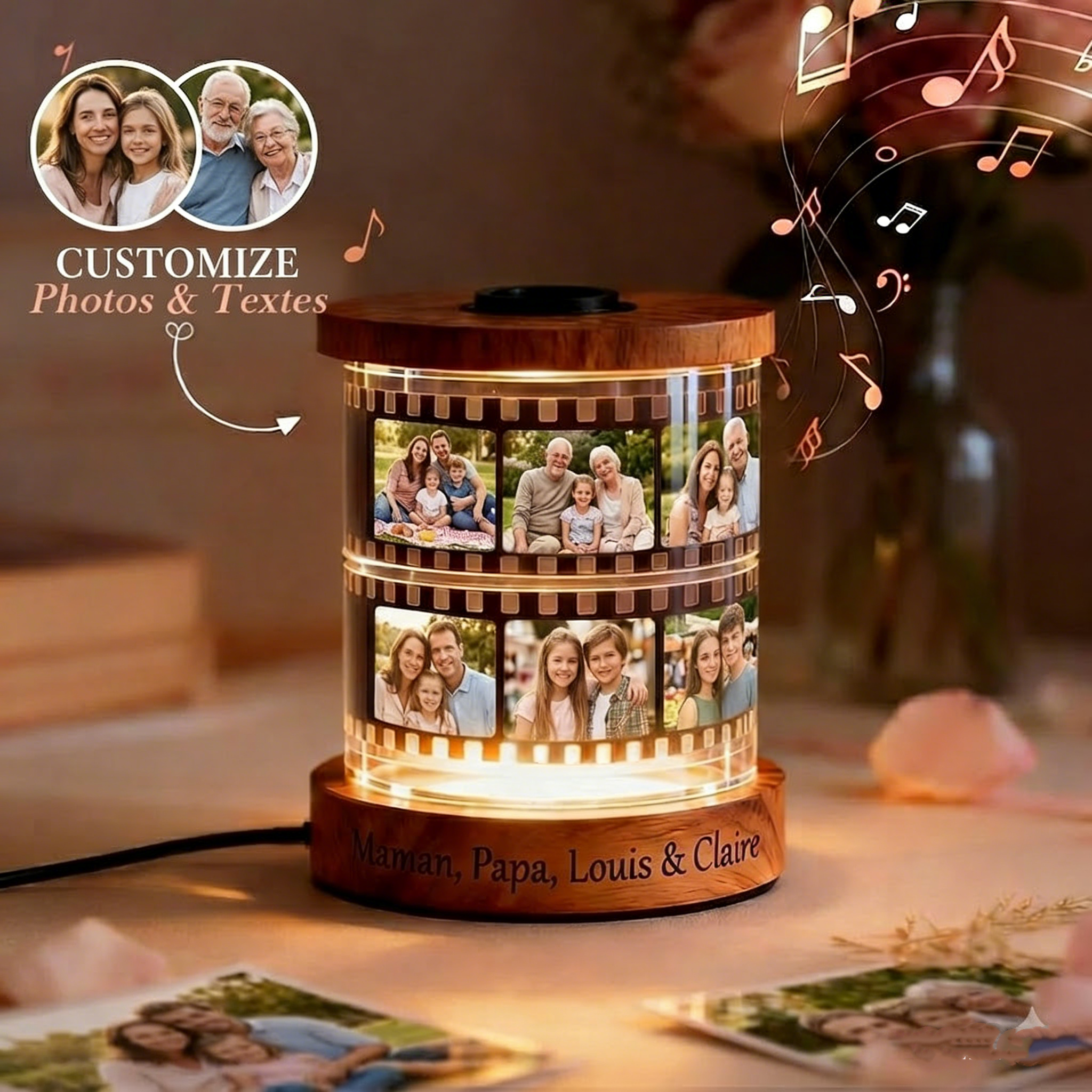 Custom Photo Rotating Frame With Warm Light, Film-Style Night Light With Text & Music – Gift For Couples, Mom, Mother’S Day Keepsake