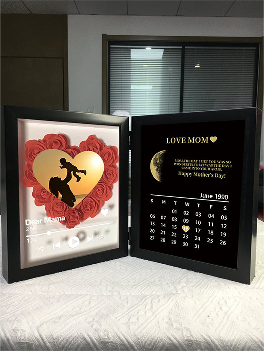 (Heart With Song) Custom Flowers Frame for Mom Grandma with REAL MOON PHASE Calendar