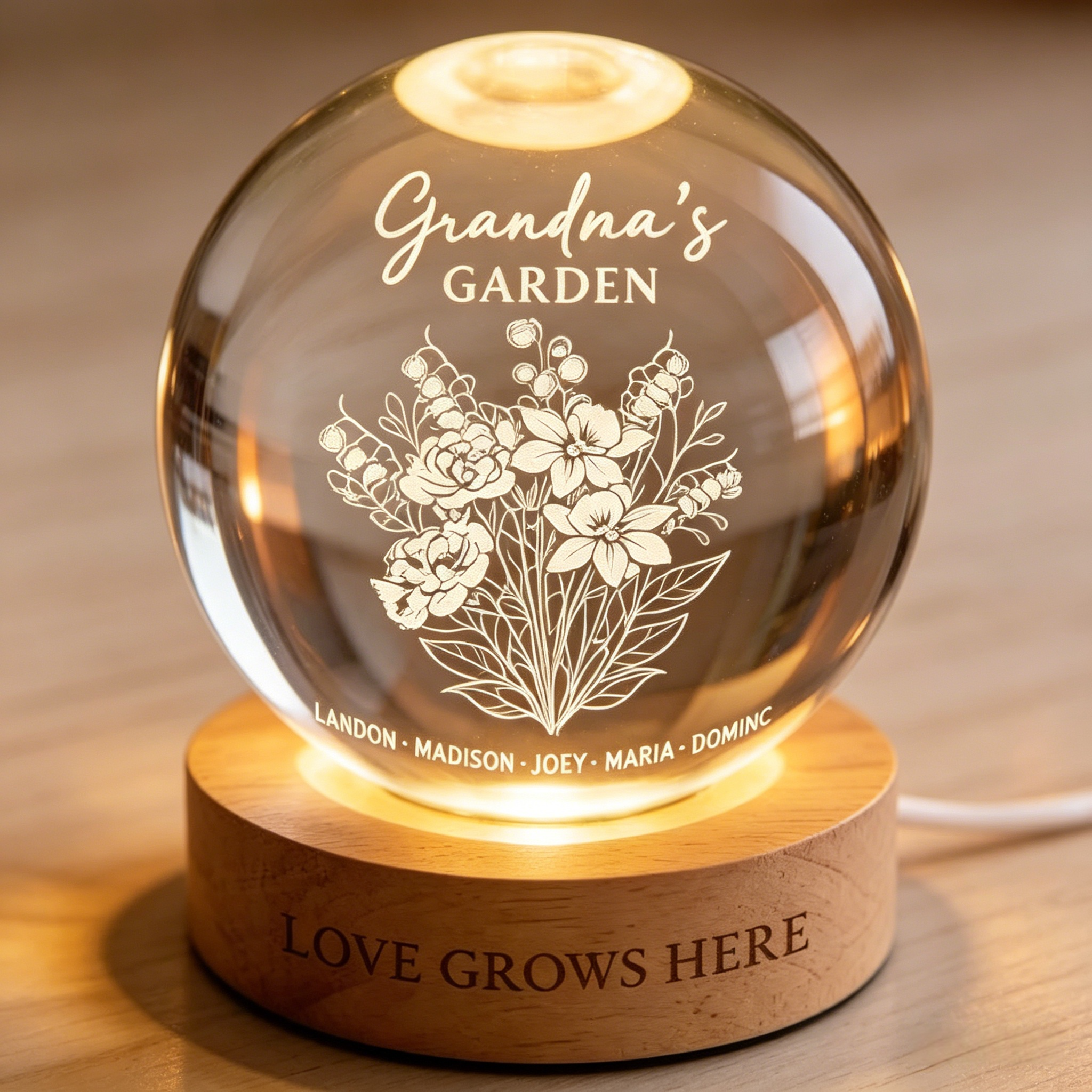 Personalized Birth Month Flower Crystal Ball Night Light Custom Name Quotes Mother's Day Gift for Mom Grandma