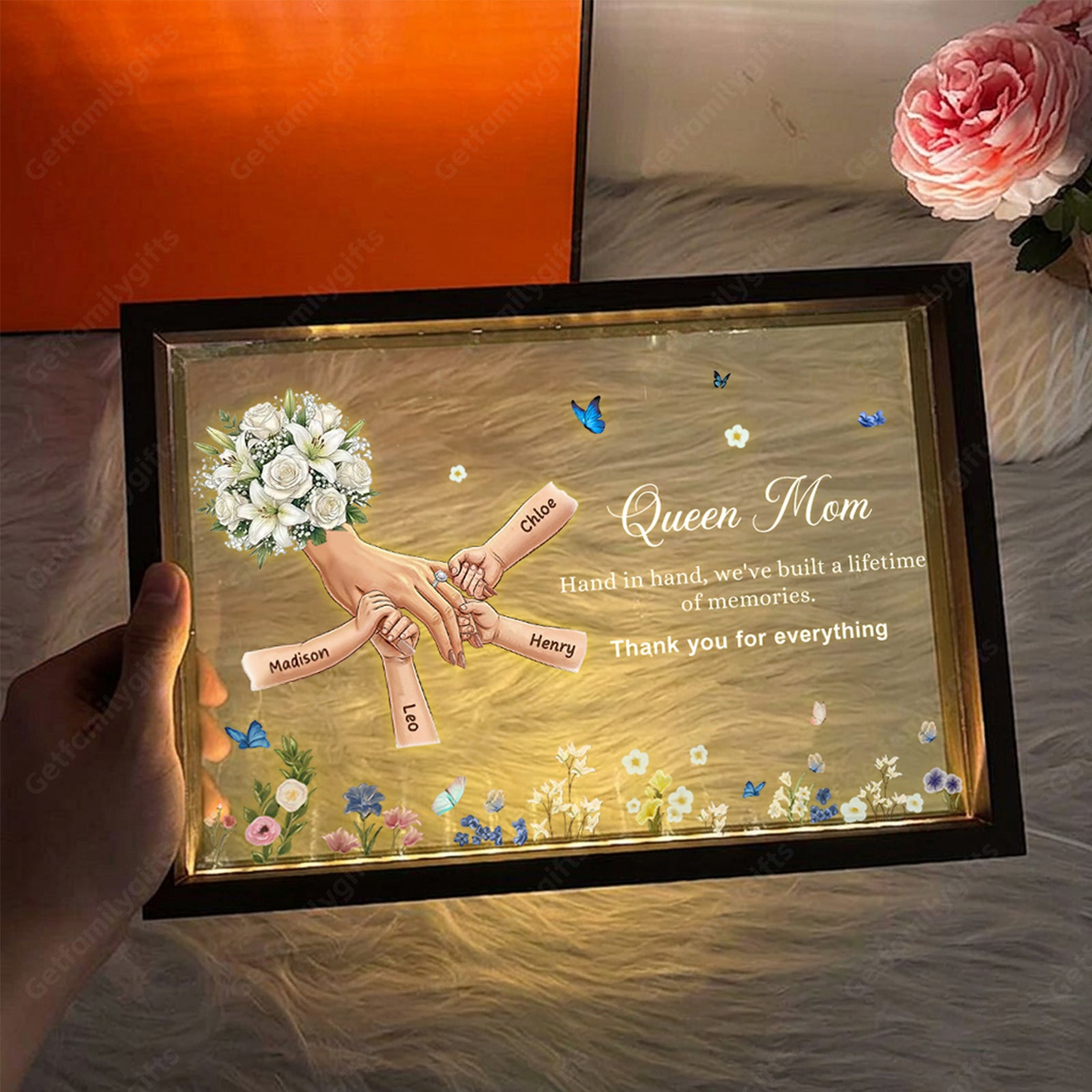 Personalized Mommy Holding Hands with Ring & Manicure Led Light Frame-Mother's Day Gift
