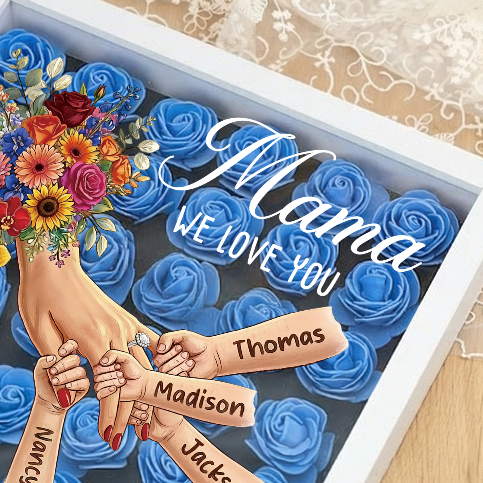 Mommy Holding Hands LED Shadow Box With Ring & Manicure – Custom Kids Names Floral Heart Frame Light Gift for Mom & Grandma | Mother’s Day Gift