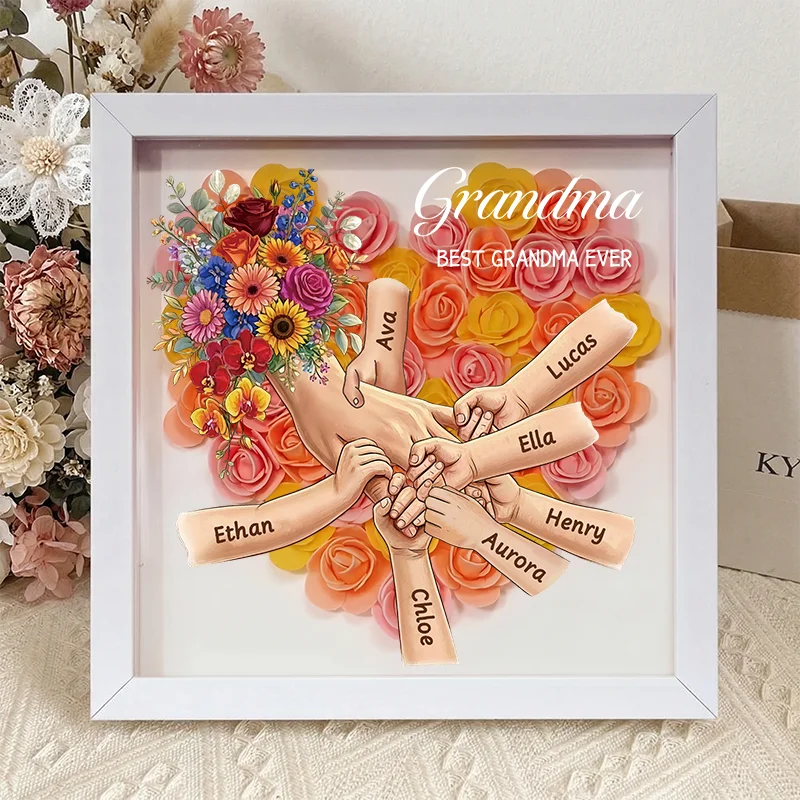 Custom Mommy Holding Hands Shadow Box – Custom Mixed Skin Tone Hands & Kids Names Floral Heart Frame Gift for Mom & Grandma | Mother’s Day Gift