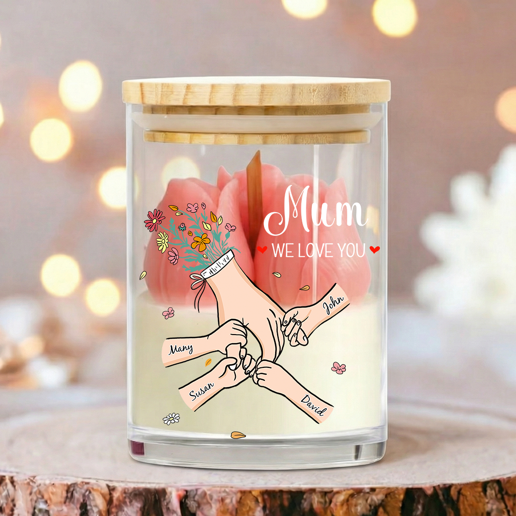 Personalized Floral Soy Wax Candle – Family Hands Design Gift for Mom, Mother’s Day Special