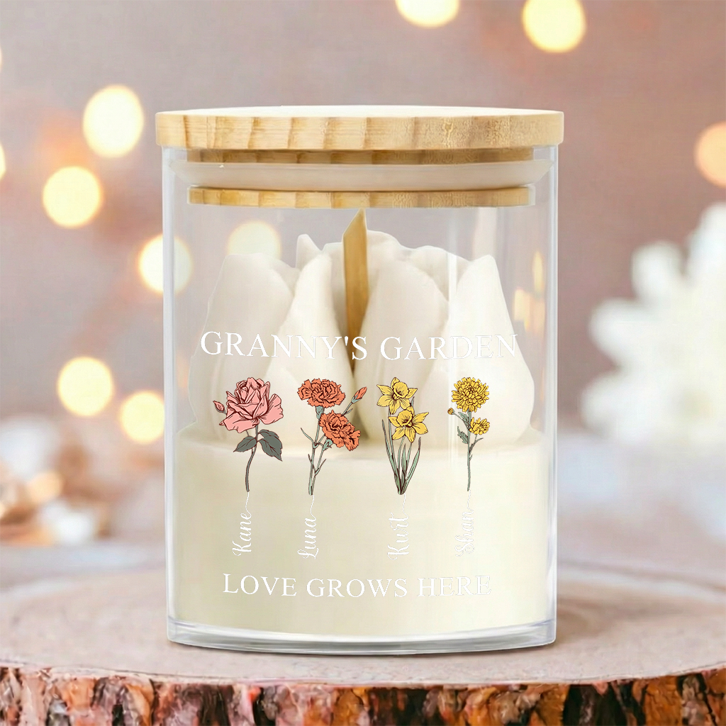 Personalized Birth Flower Soy Wax Candle – Custom Kids’ Names Gift for Mom, Mother’s Day Special