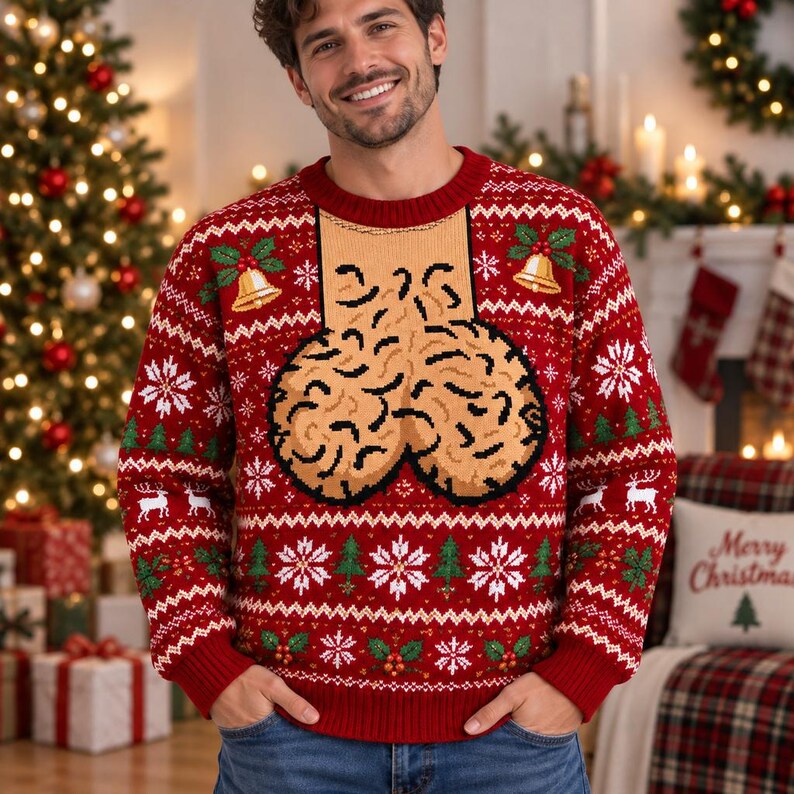 Men's Naughty Ugly Christmas Sweater: Red Funny Phallic Fair Isle Top