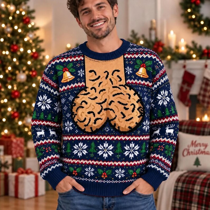 Men's Naughty Ugly Christmas Sweater: Red Funny Phallic Fair Isle Top